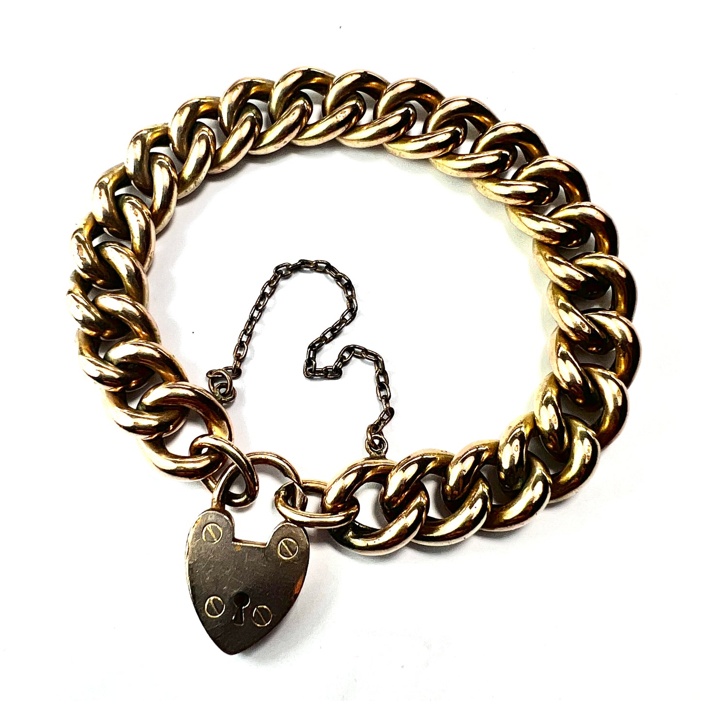 Antique 18CT Rolled Gold Curb Chain Bracelet with Heart Padlock