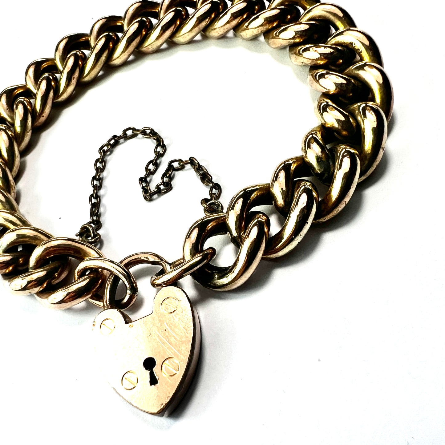 Antique 18CT Rolled Gold Curb Chain Bracelet with Heart Padlock