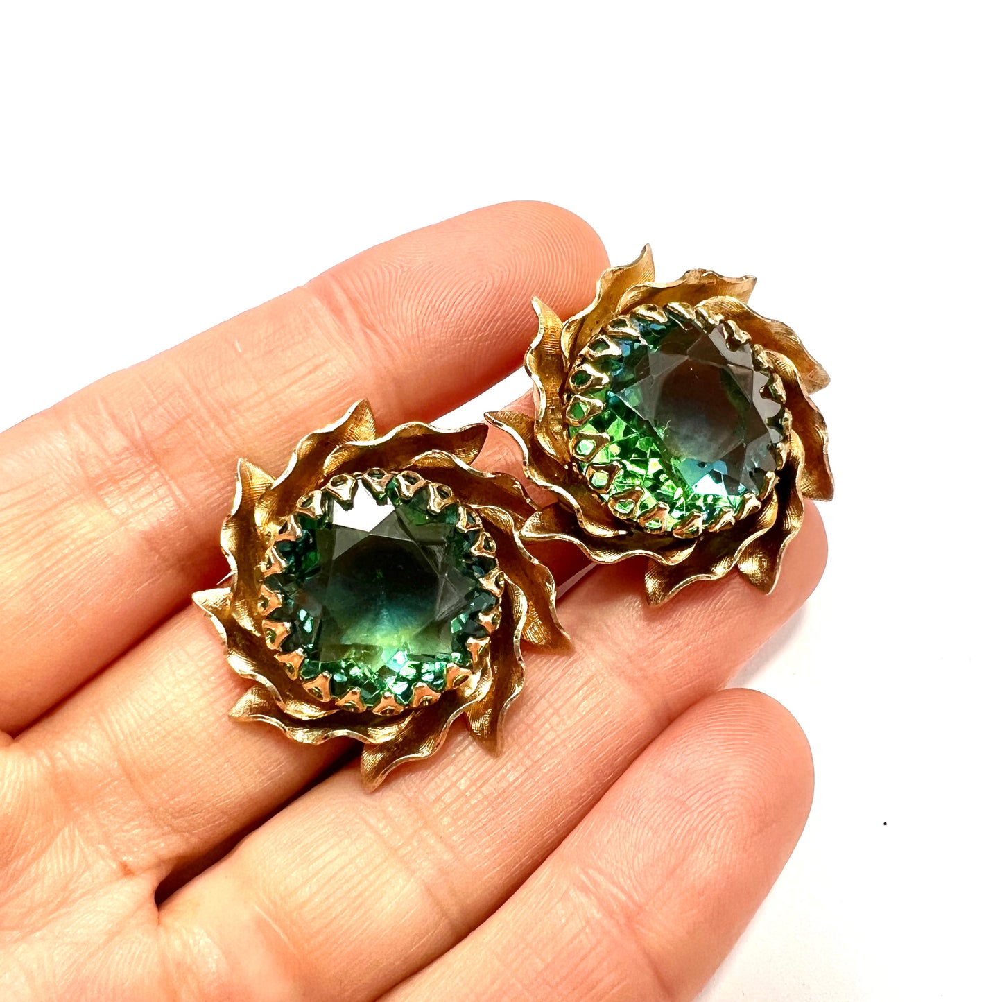 Large Vintage Aqua Crystal Golden Sunburst Earrings