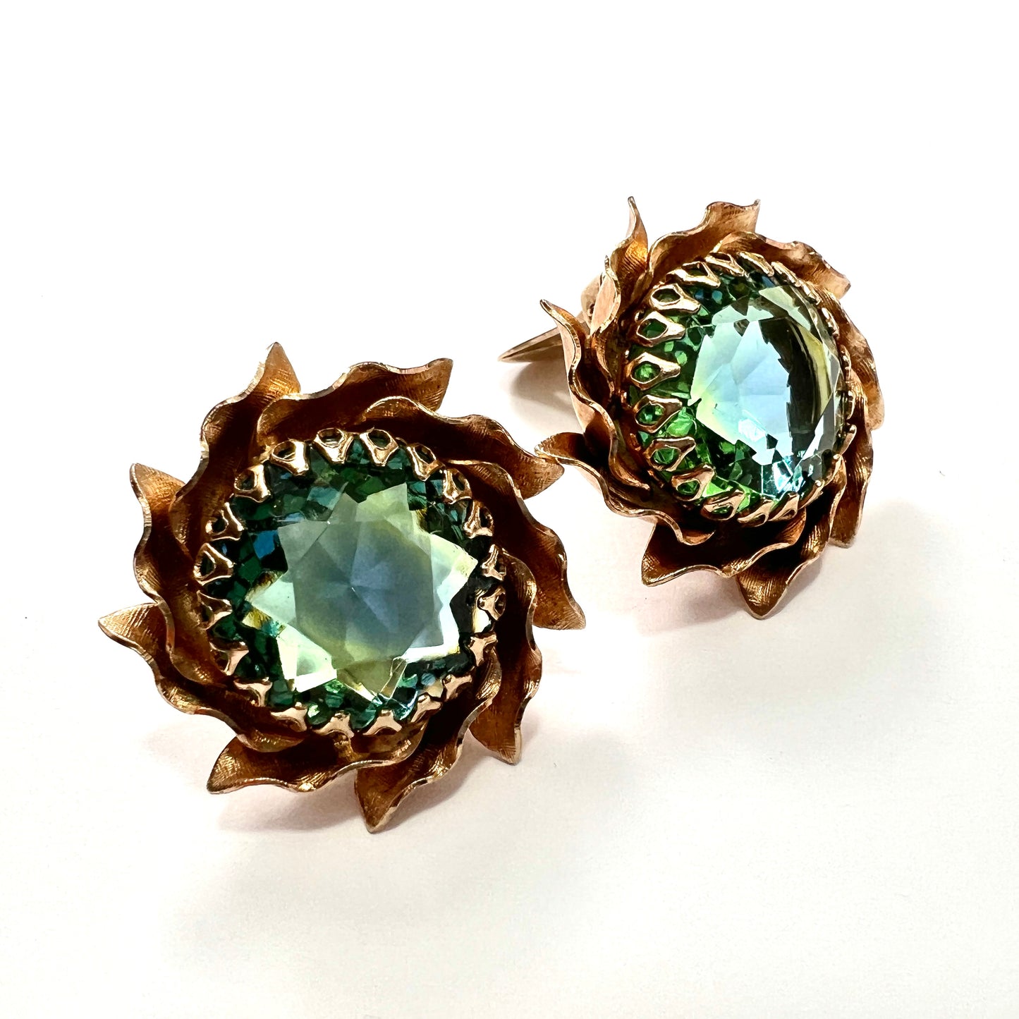 Large Vintage Aqua Crystal Golden Sunburst Earrings