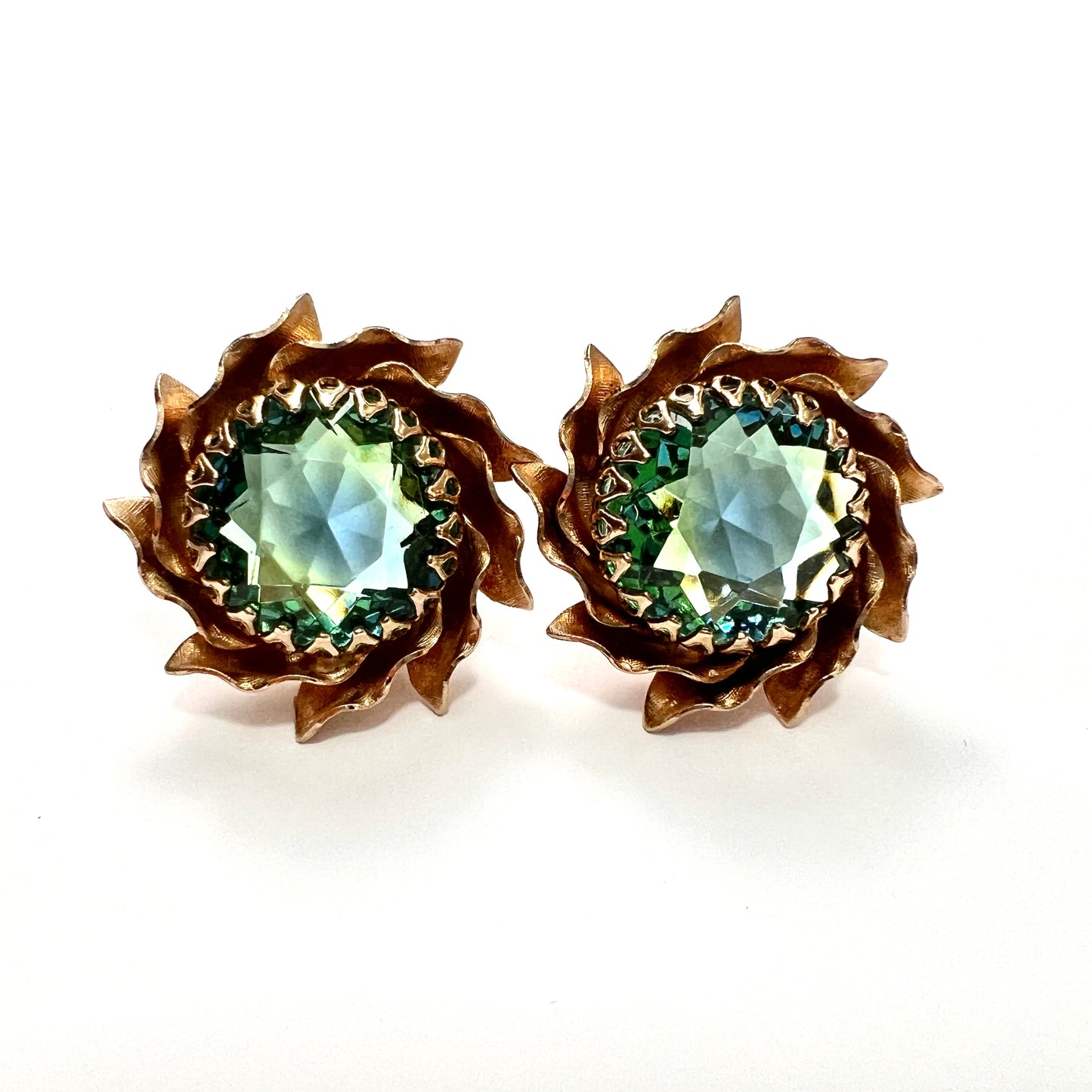 Large Vintage Aqua Crystal Golden Sunburst Earrings