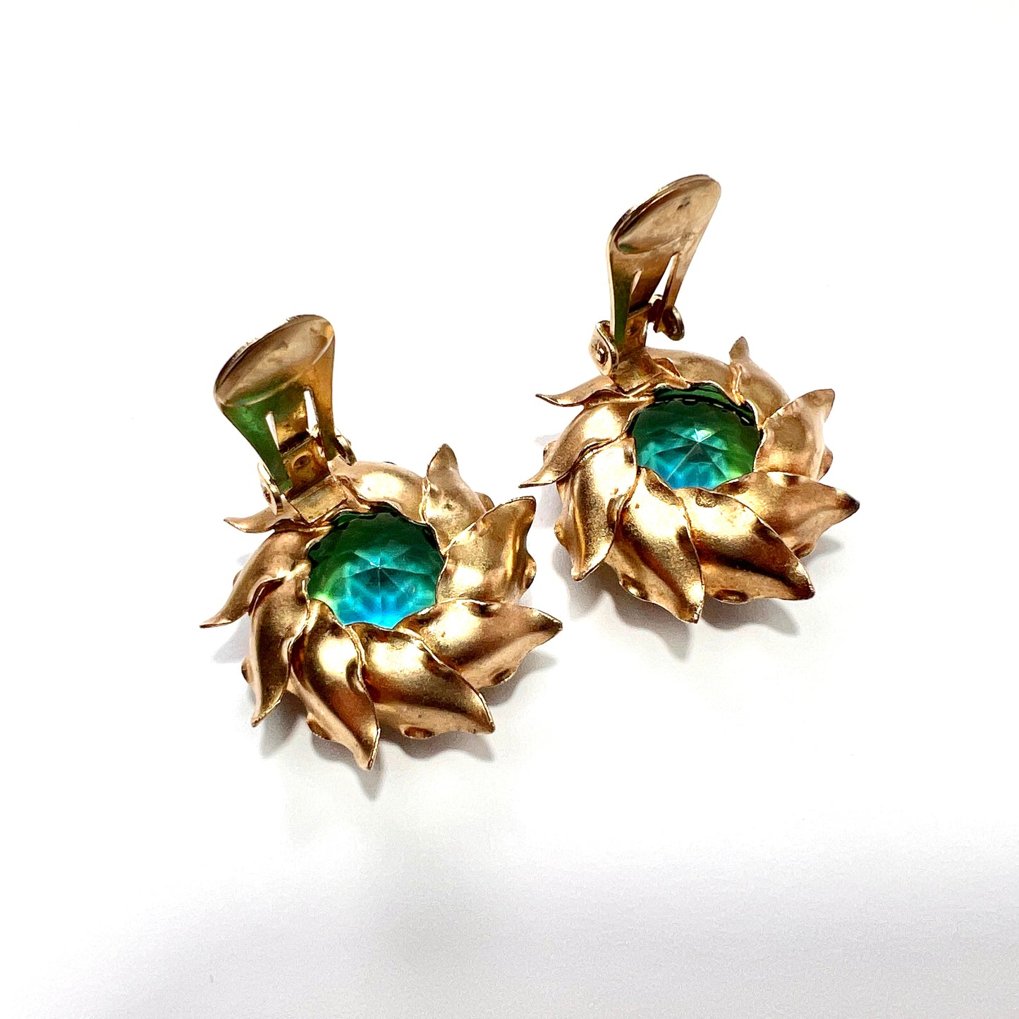 Large Vintage Aqua Crystal Golden Sunburst Earrings
