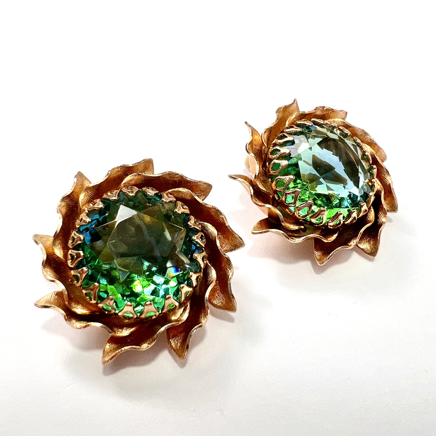 Large Vintage Aqua Crystal Golden Sunburst Earrings