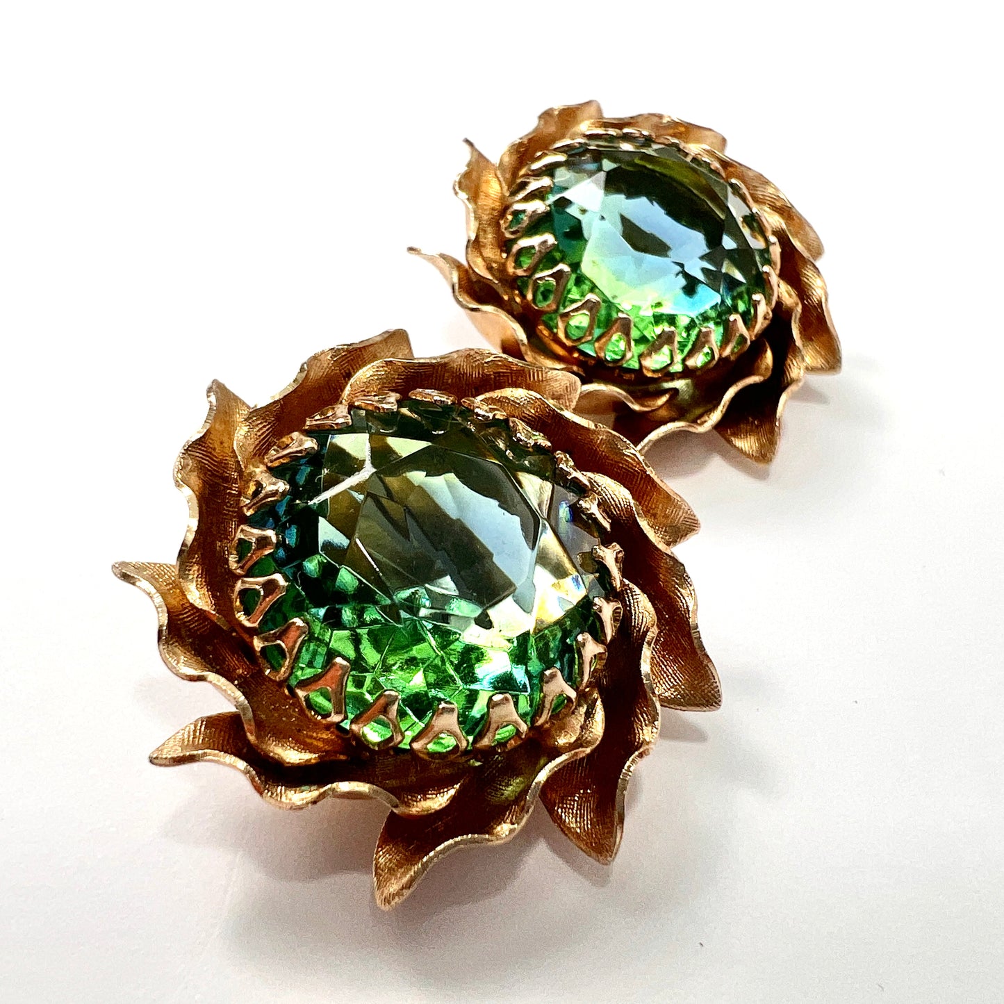 Large Vintage Aqua Crystal Golden Sunburst Earrings