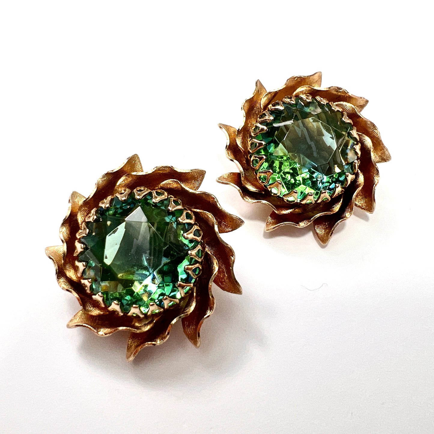 Large Vintage Aqua Crystal Golden Sunburst Earrings