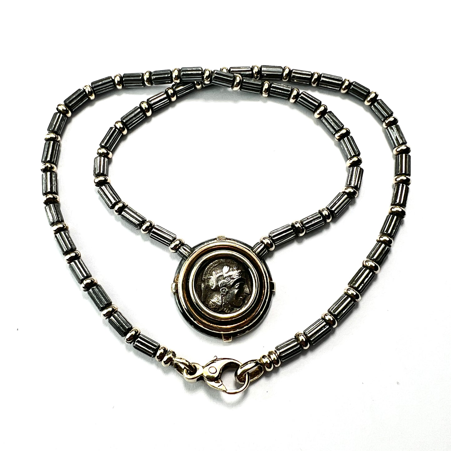 Ancient Athenian Owl Tetradrachm Coin Necklace in 18CT Gold and Silver