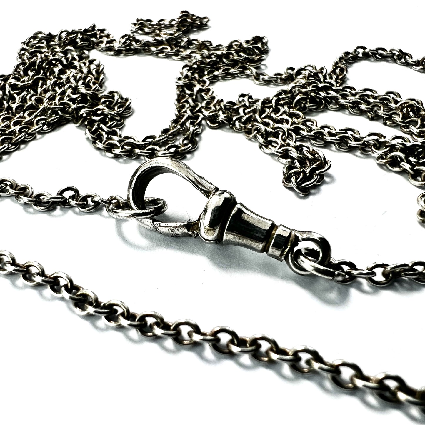 Very Long Victorian Silver Longuard Chain Necklace with Albert Dog Clip