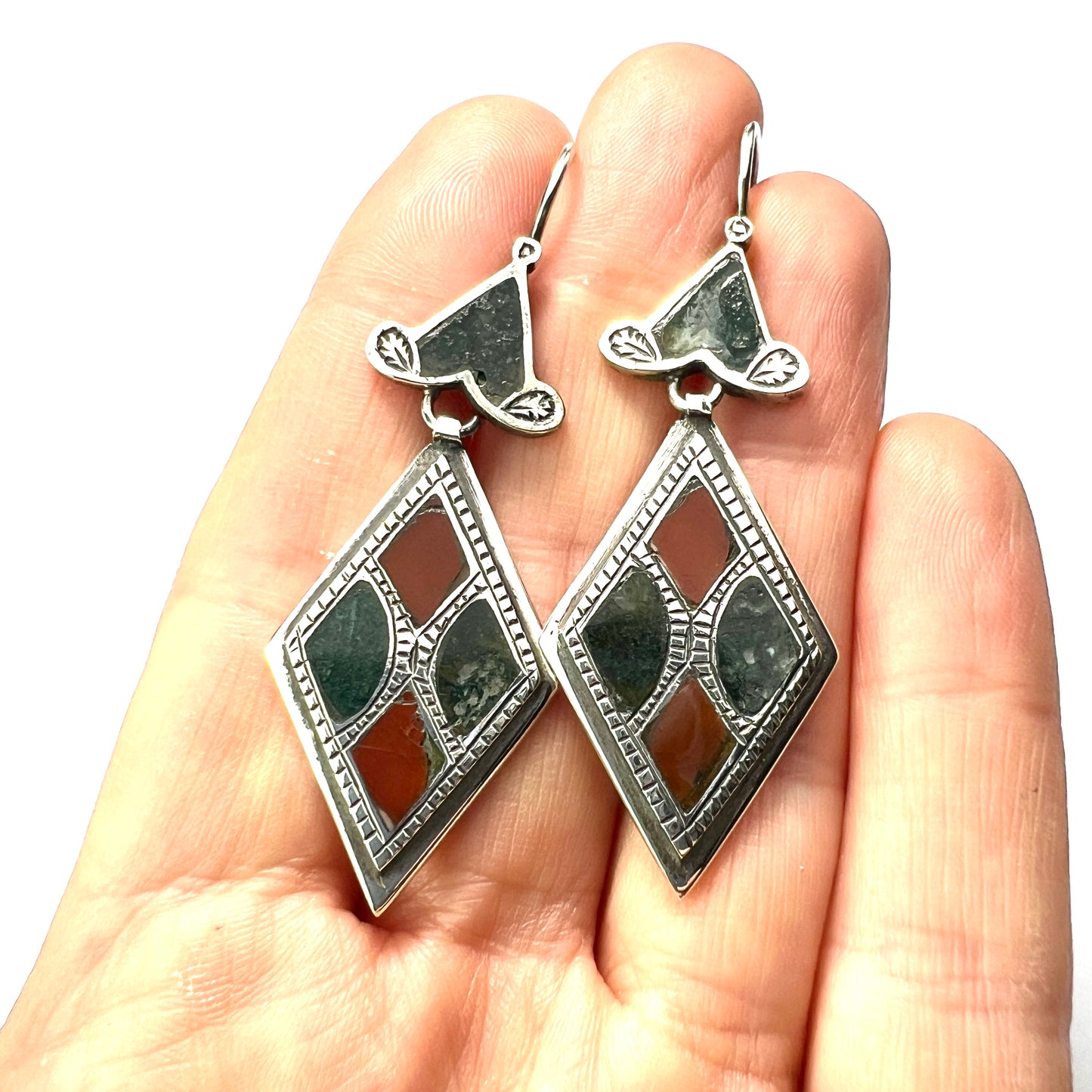 Large Victorian Scottish Silver Agate Earrings