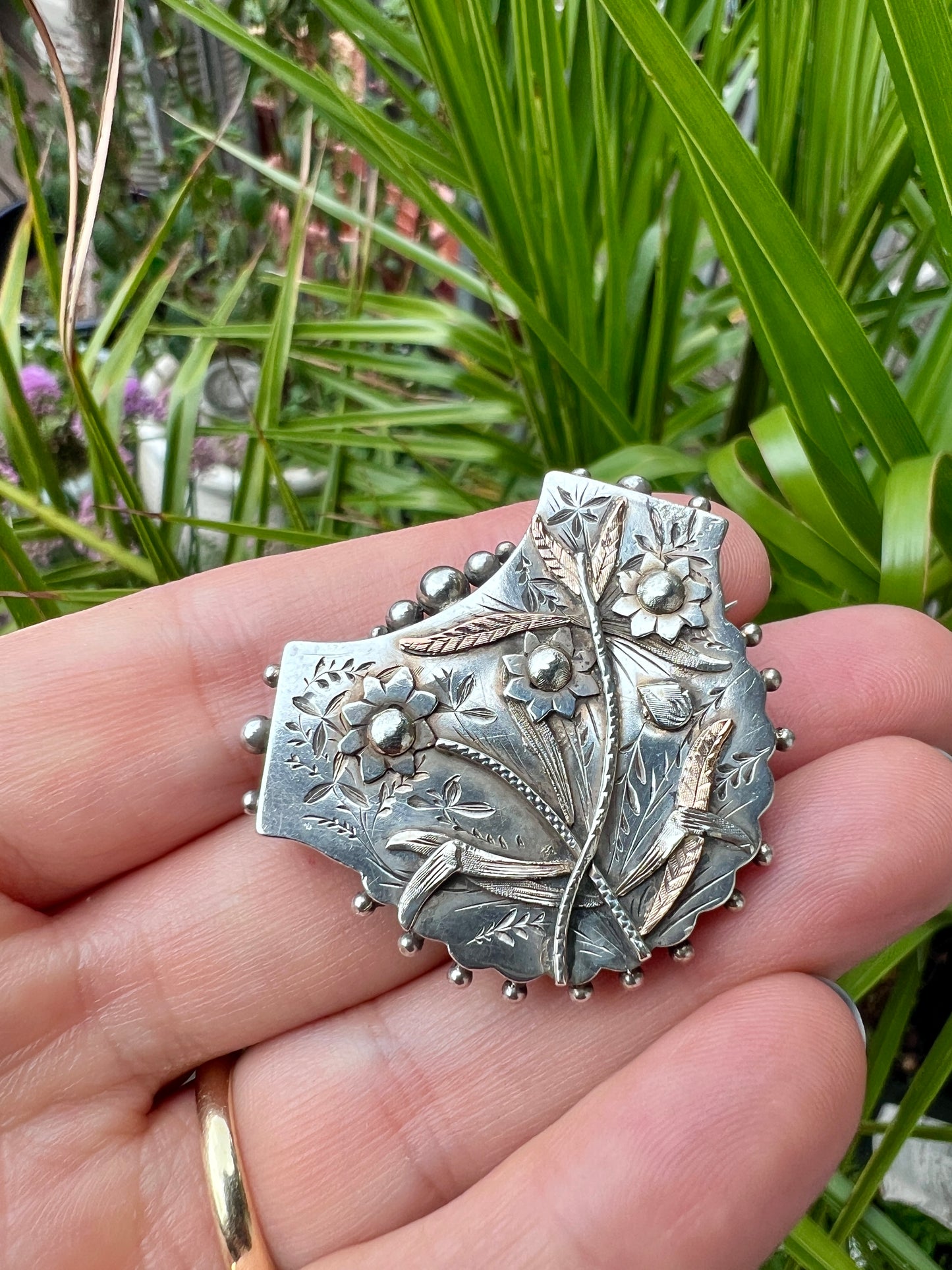 Victorian Silver and Gold Floral Locket-back Brooch