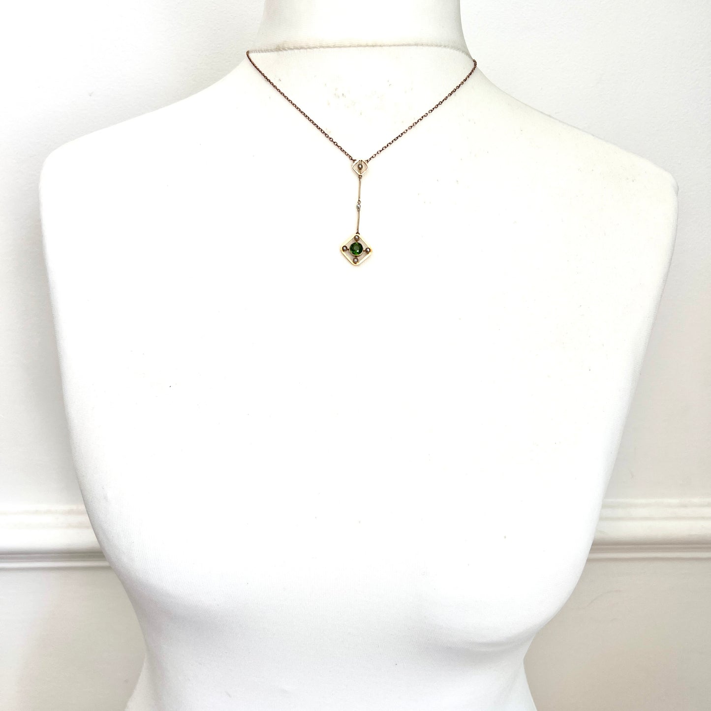 Edwardian 9CT Gold Pearl and Paste Peridot Necklace