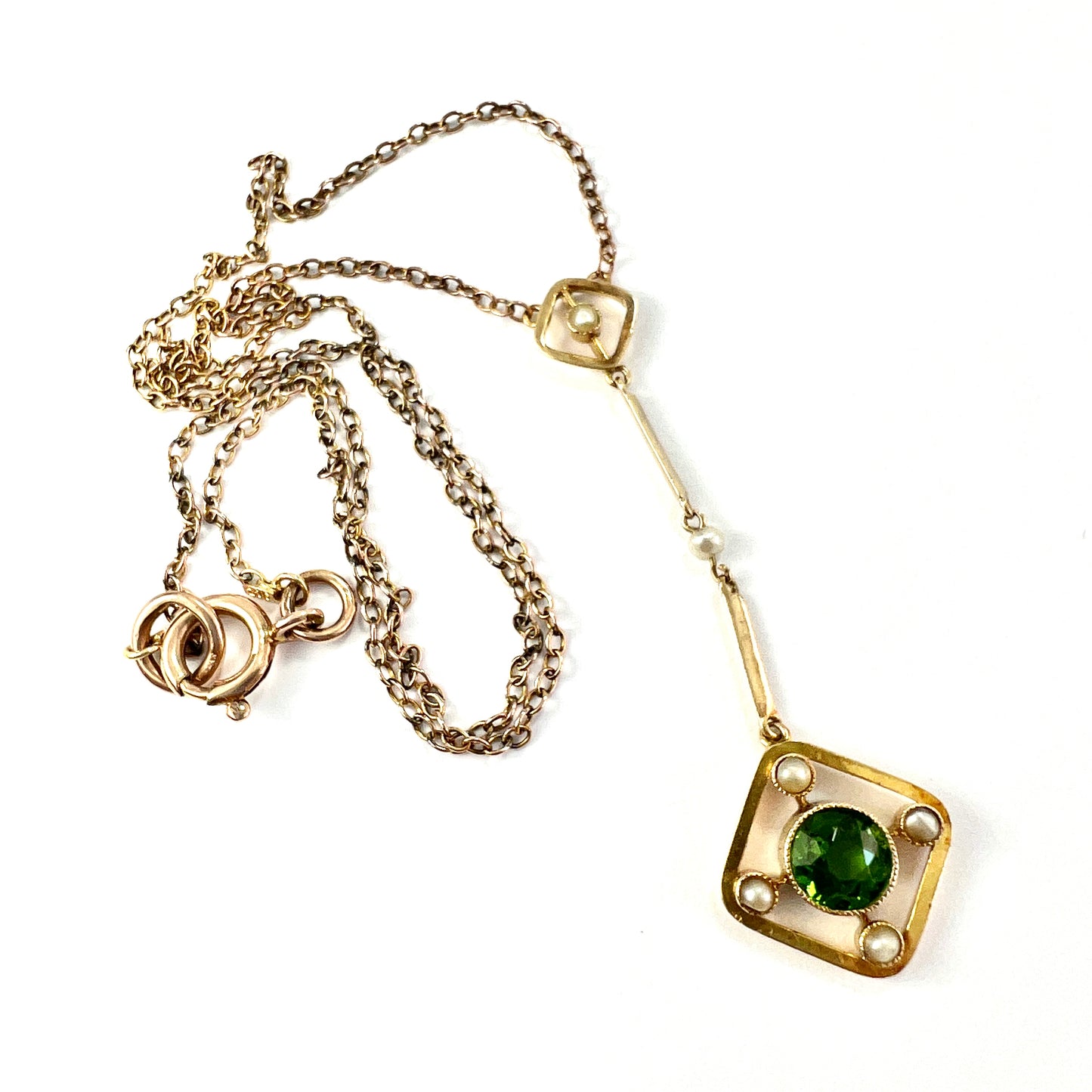 Edwardian 9CT Gold Pearl and Paste Peridot Necklace