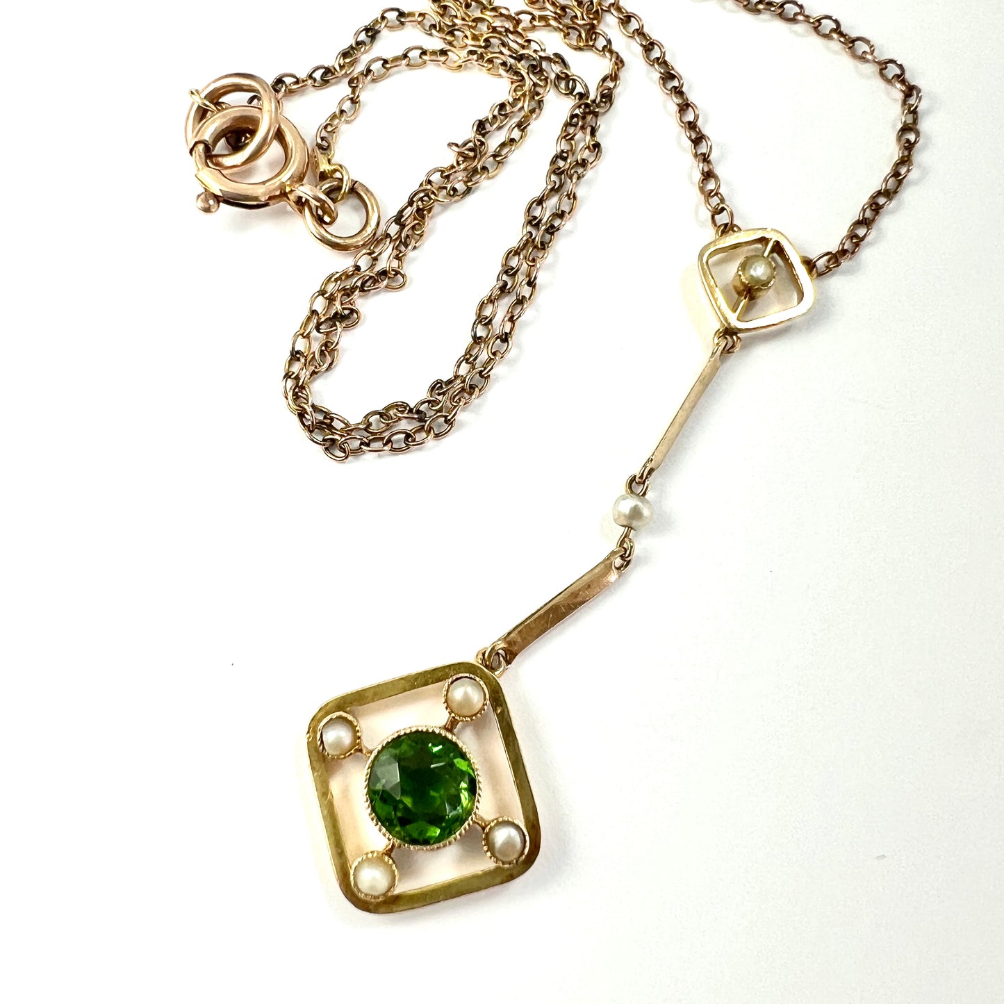 Edwardian 9CT Gold Pearl and Paste Peridot Necklace
