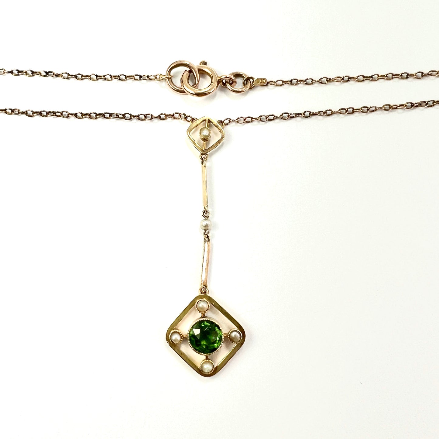 Edwardian 9CT Gold Pearl and Paste Peridot Necklace