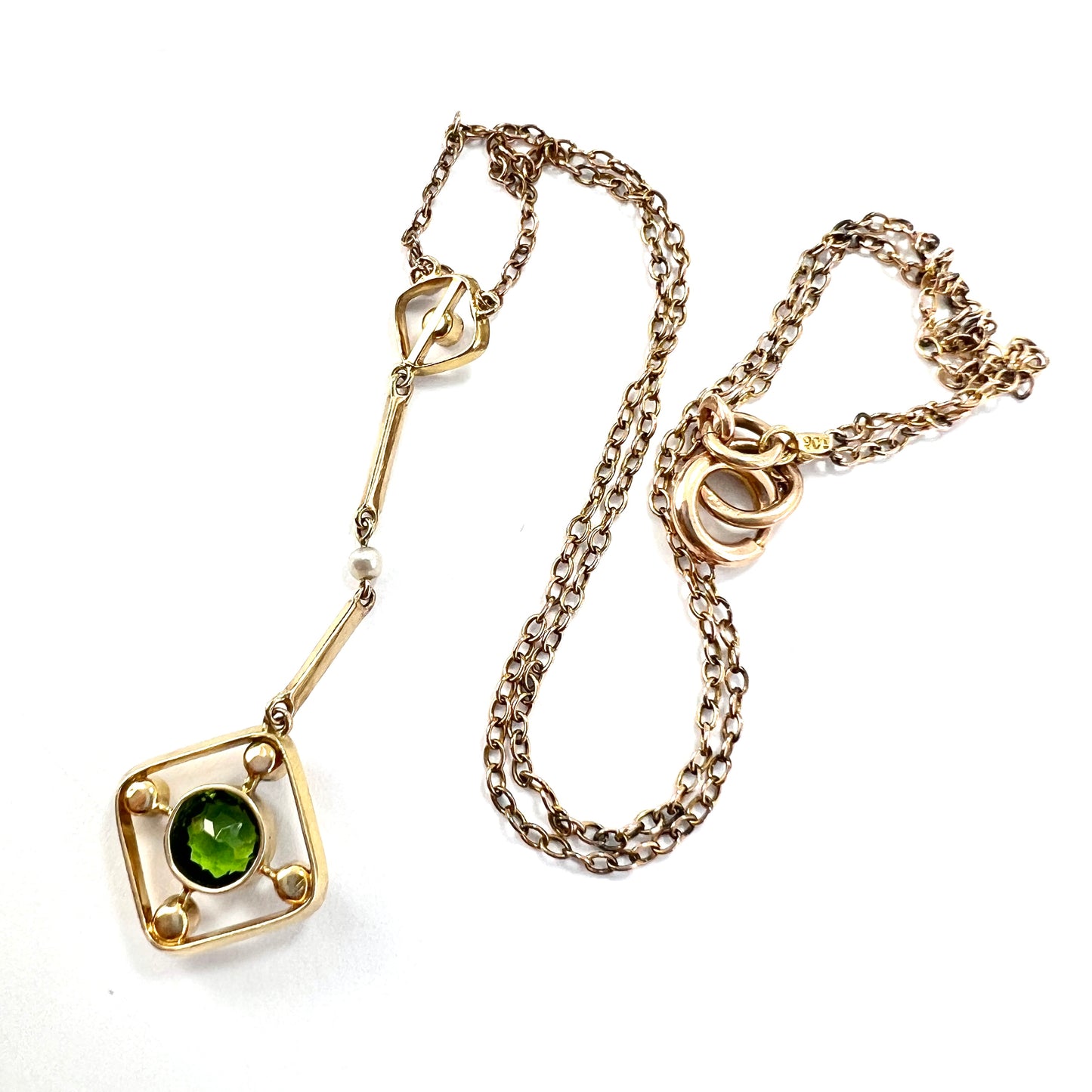 Edwardian 9CT Gold Pearl and Paste Peridot Necklace