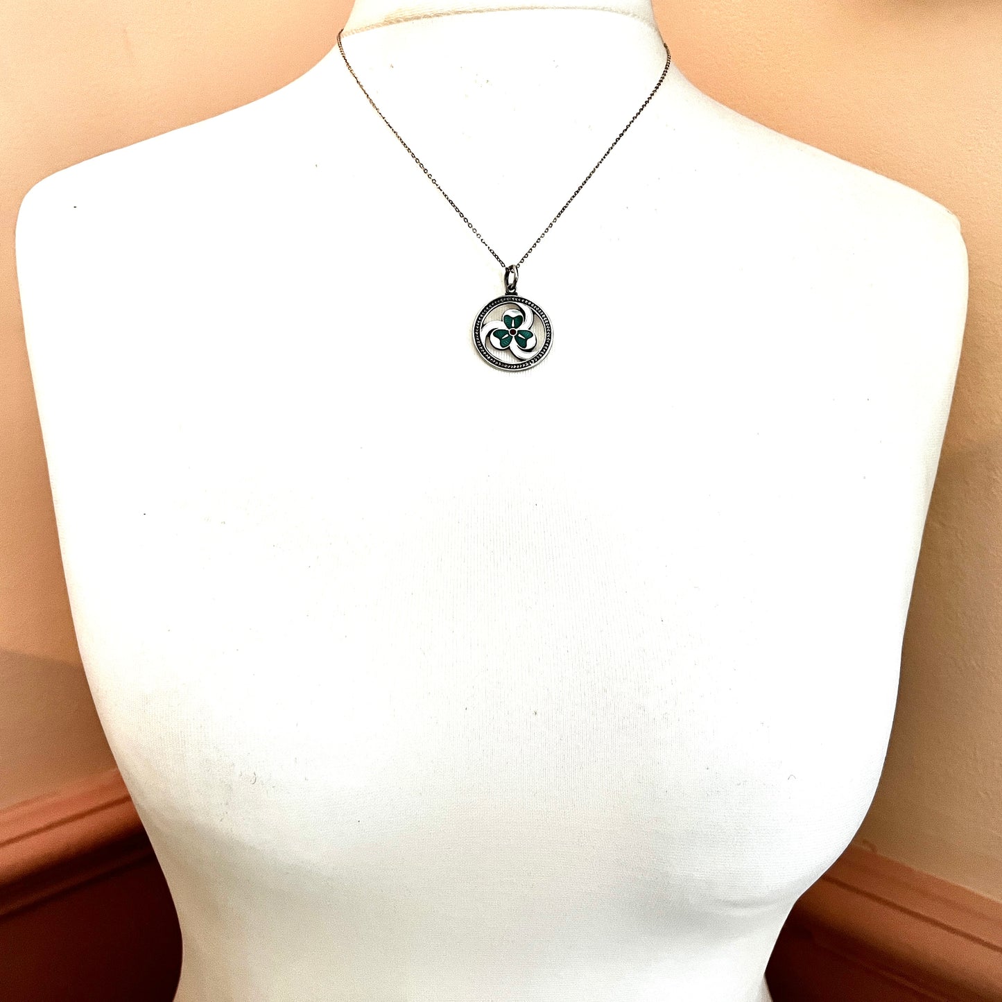 1933 Silver Enamelled Lucky Clover Pendant Necklace