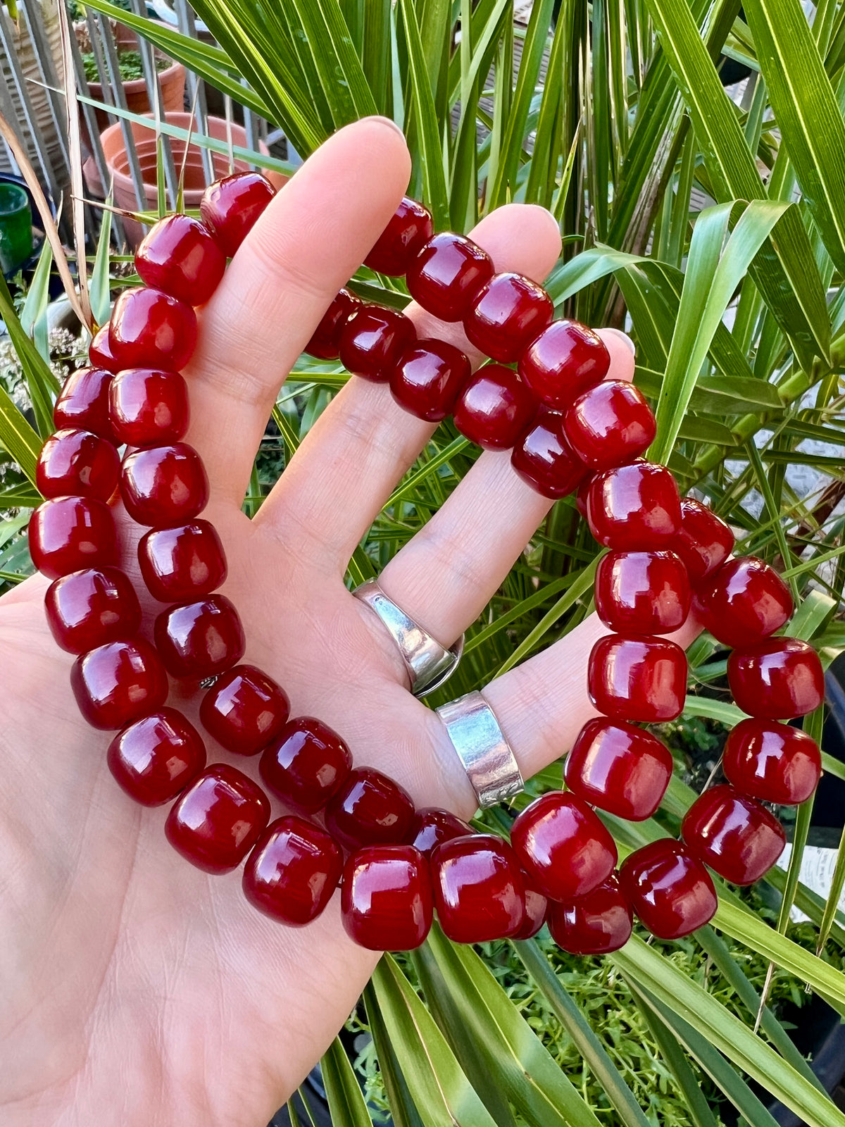 Art Deco Faturan Style Cherry Amber Red Faceted Bead Necklace