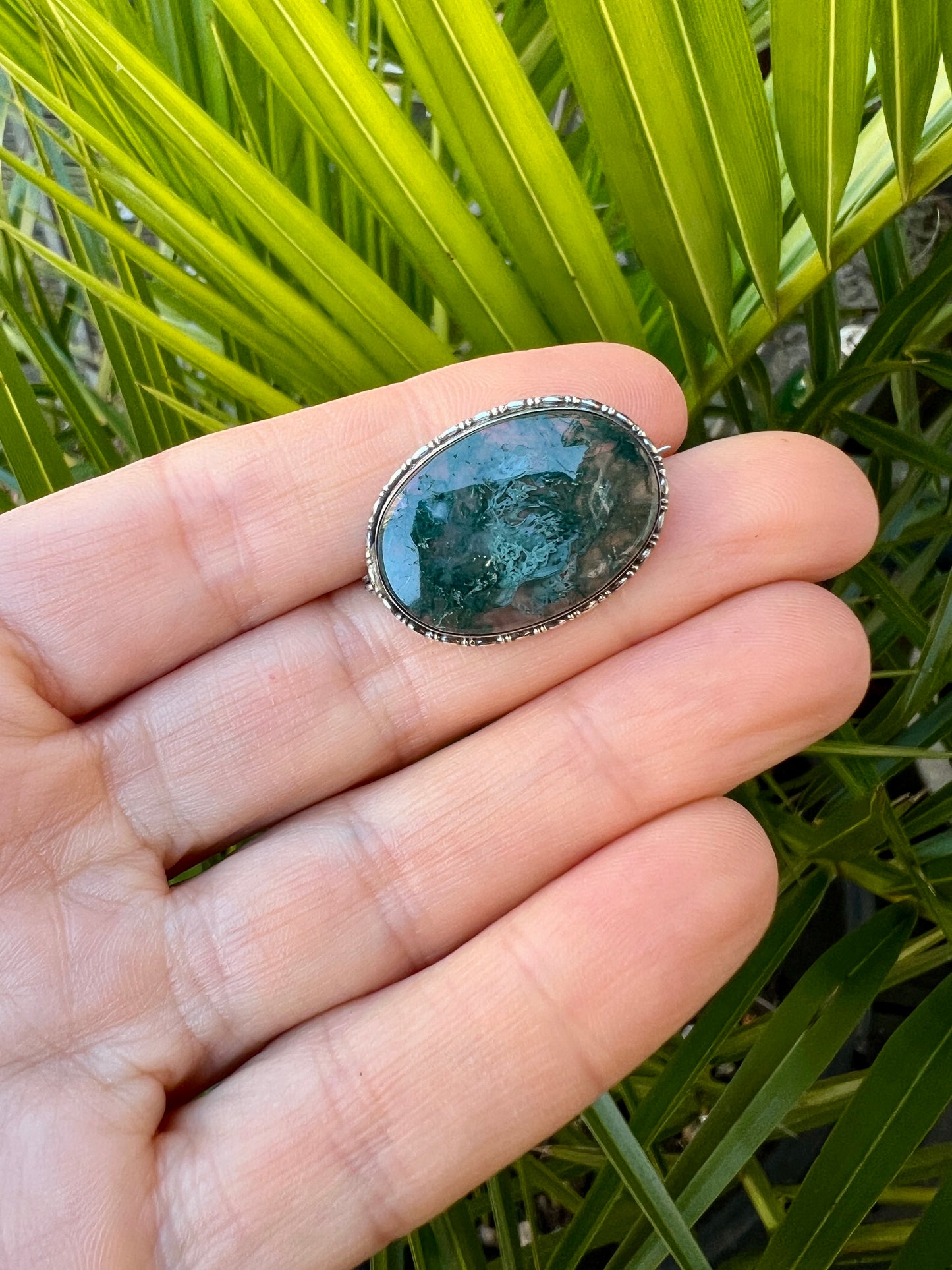 Antique Sterling Silver Moss Agate Brooch