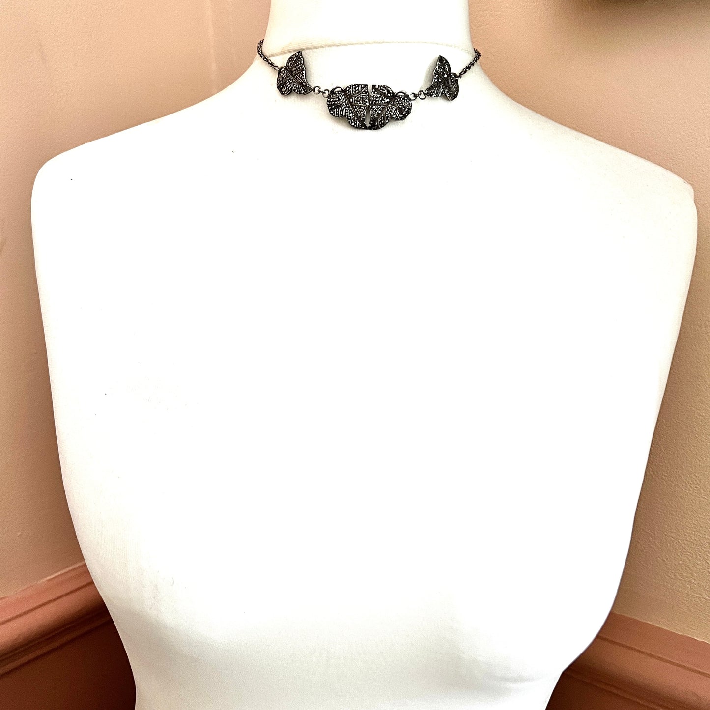 Art Deco Silver Marcasite Leaf Necklace