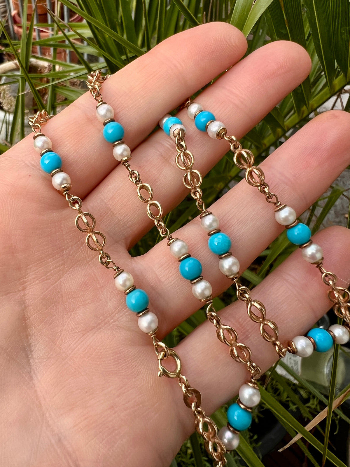 Vintage 9CT Gold Turquoise and Pearl Station Chain Necklace