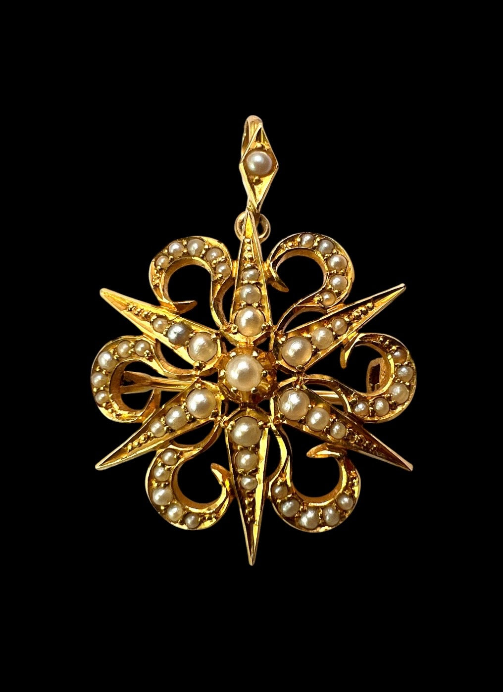 Antique 15CT Gold Pearl Sunburst Pendant/Brooch