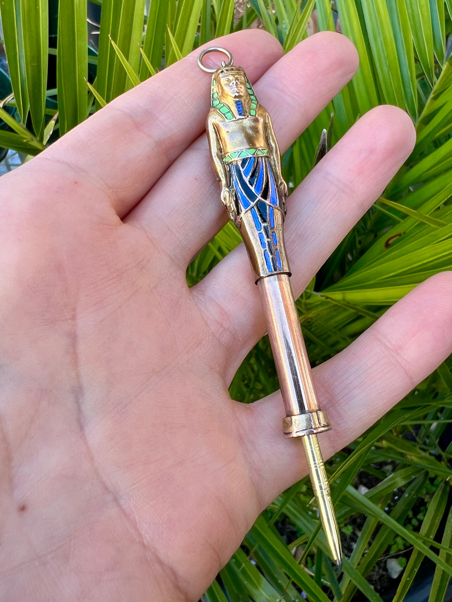 Large Antique Egyptian Sarcophagus Pharaoh Enamelled Propelling Pencil Pendant