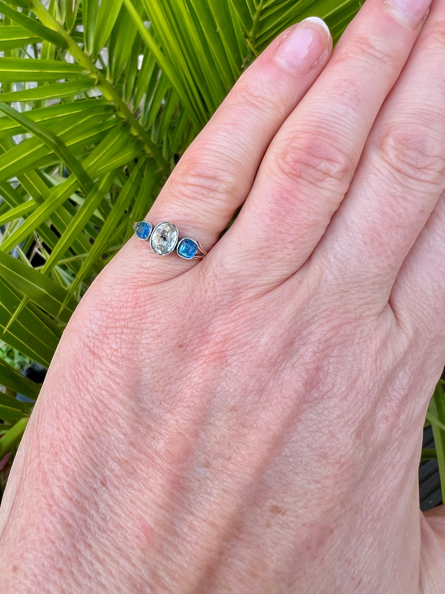 Georgian Three Stone Sapphire Paste Gold and Silver Ring
