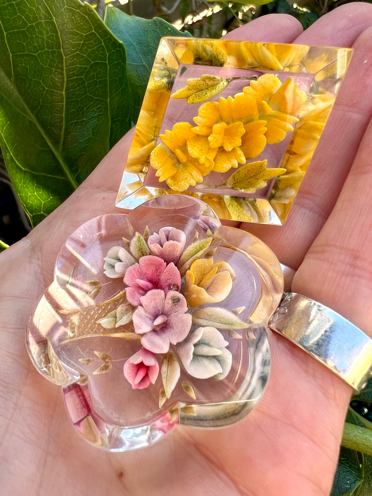 Two Vintage Retro Lucite Plastic Flower Brooches