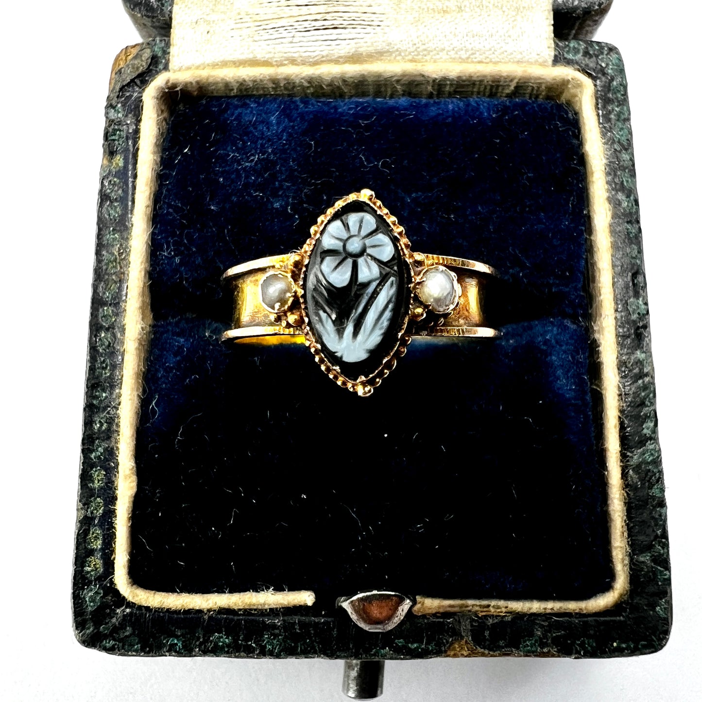 Victorian 15CT Gold Sardonyx and Pearl Forget me Not Memorial Ring