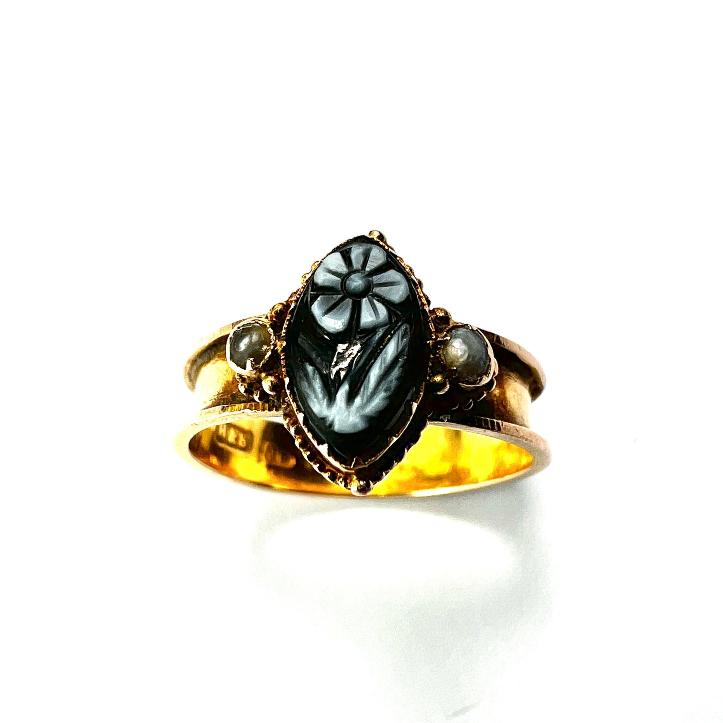Victorian 15CT Gold Sardonyx and Pearl Forget me Not Memorial Ring