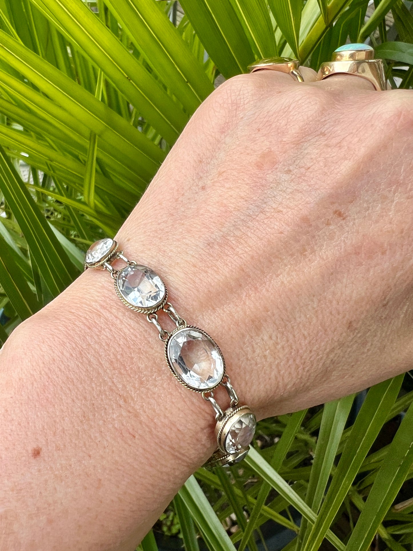 Vintage Rock Crystal Silver Link Bracelet with Dog Clip