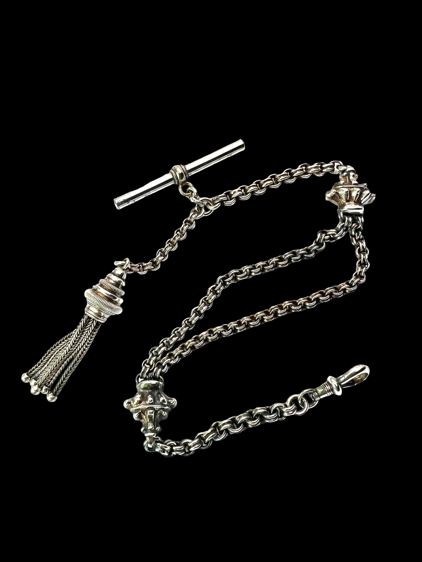 Antique Silver Albertina Watch Chain with T Bar and Tassel Fob