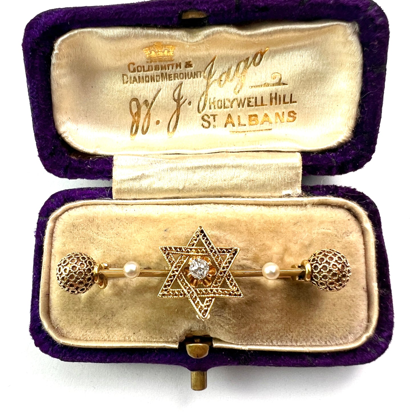 Victorian 18CT Gold Star of David Diamond and Pearl Brooch