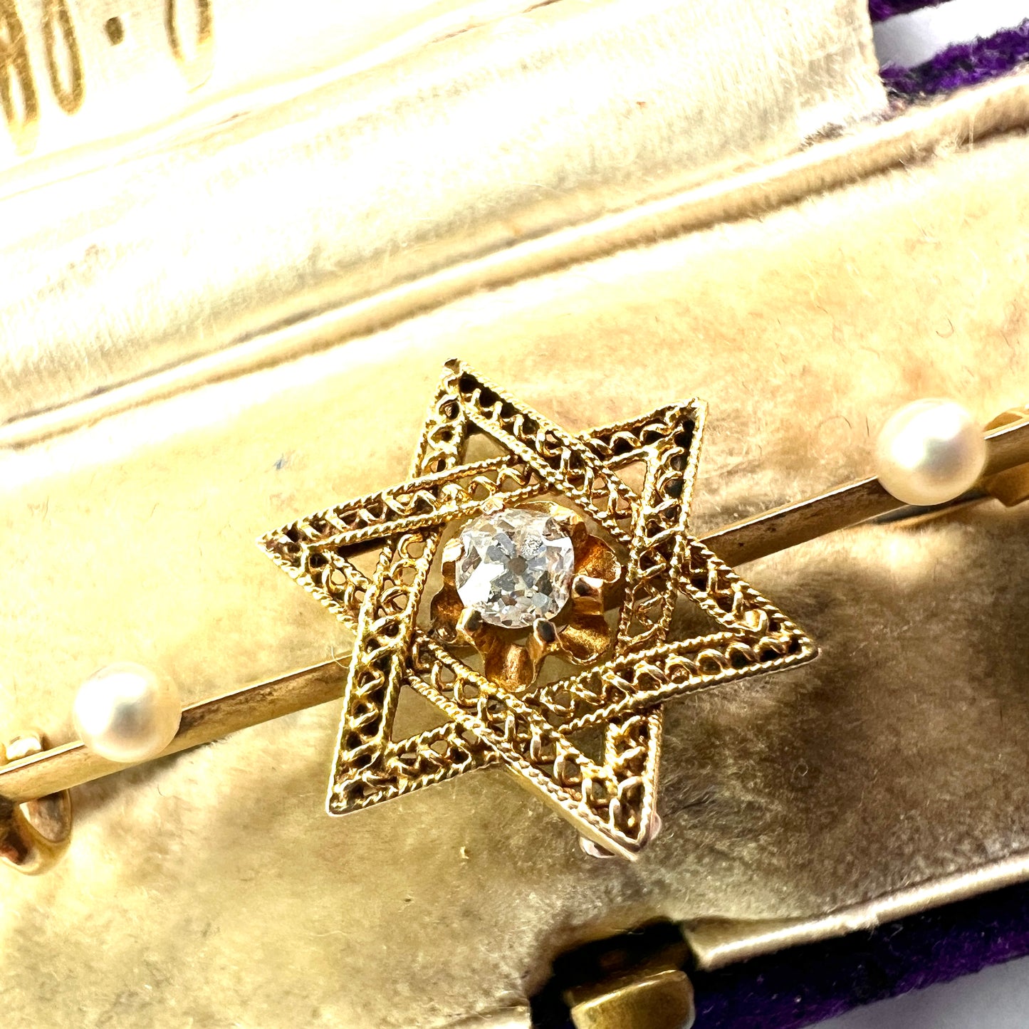 Victorian 18CT Gold Star of David Diamond and Pearl Brooch