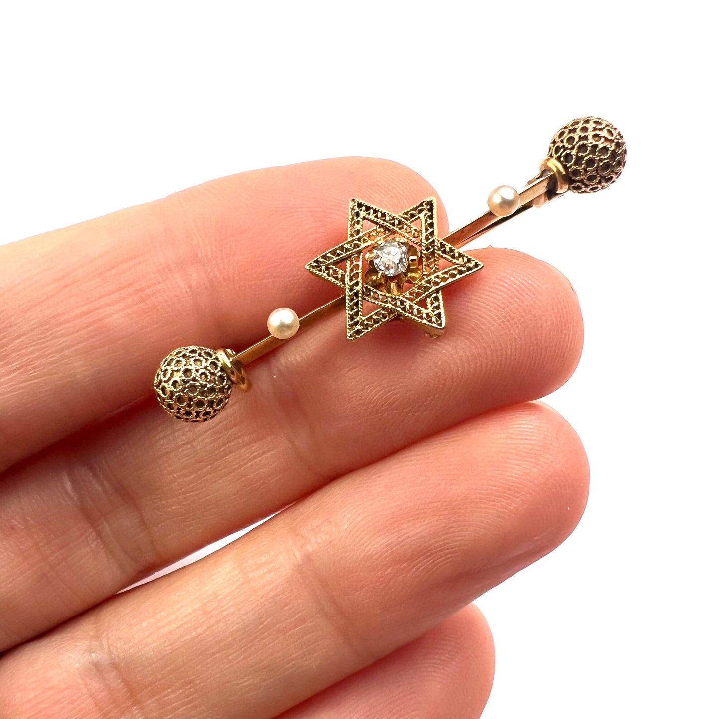 Victorian 18CT Gold Star of David Diamond and Pearl Brooch