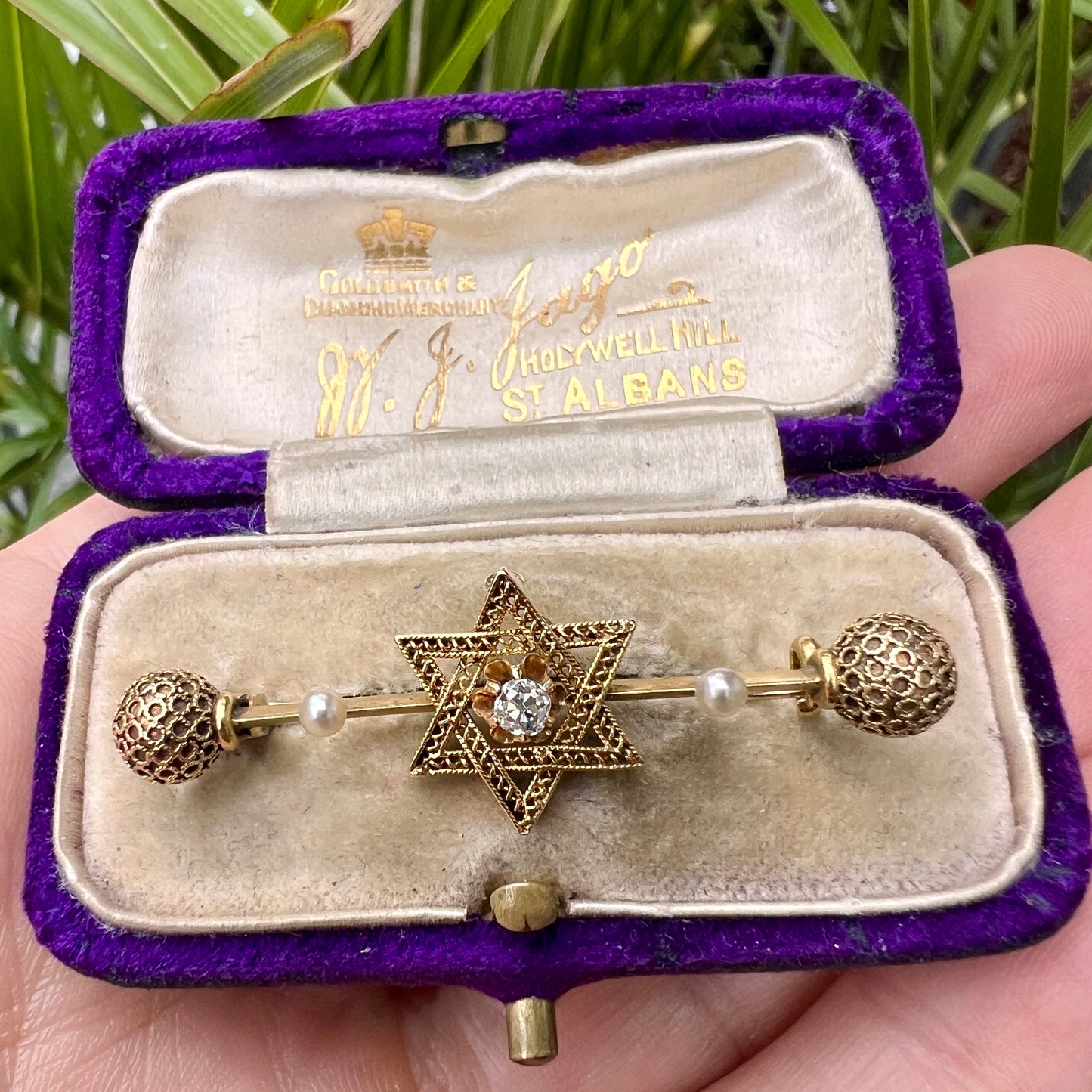 Victorian 18CT Gold Star of David Diamond and Pearl Brooch
