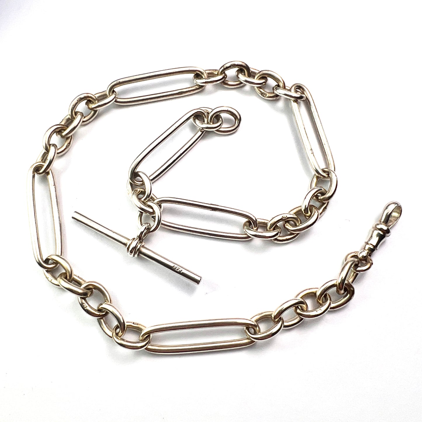 Victorian Sterling Silver Albert Chain with Dog Clip and T Bar