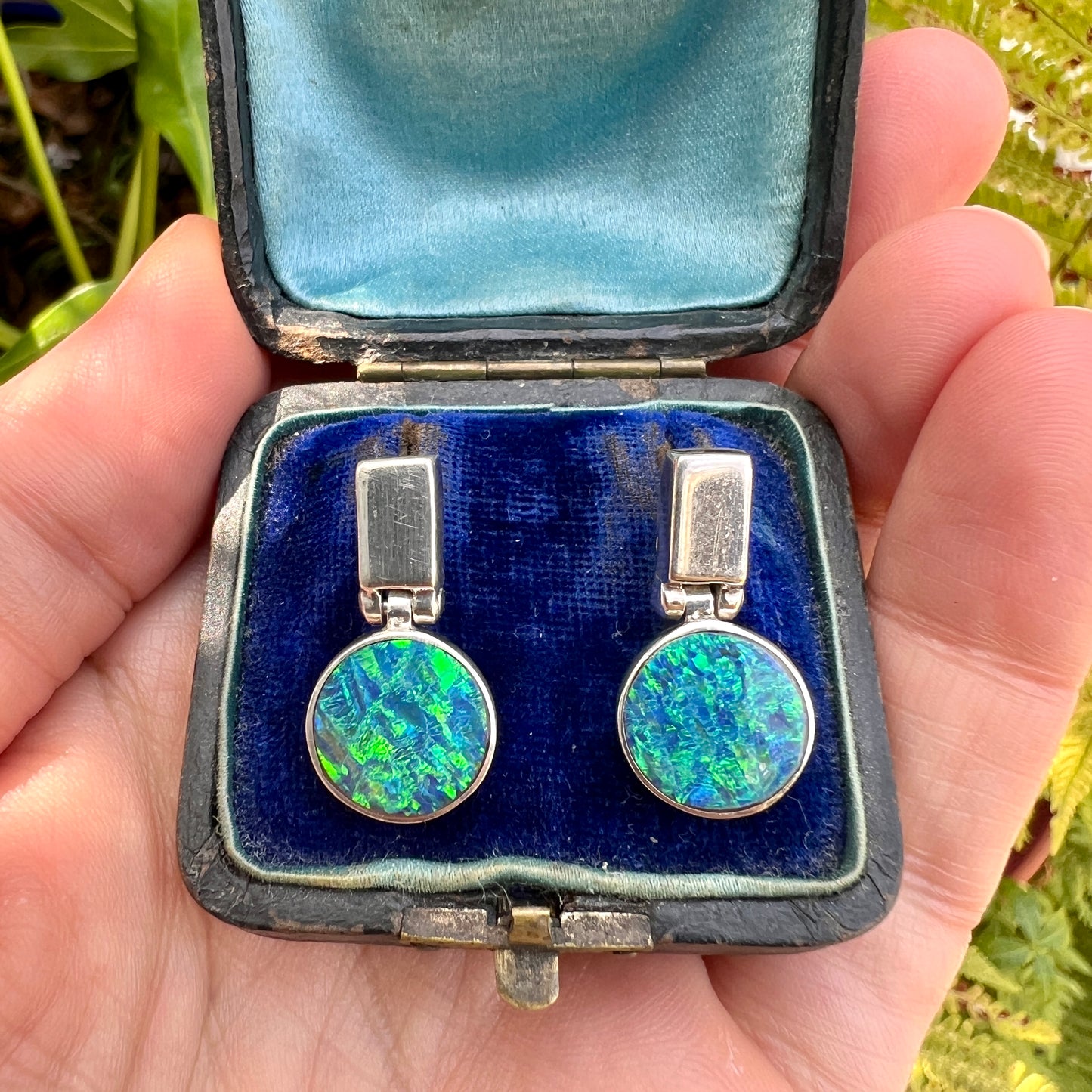 Mexican Vintage Opal Silver Modernist Earrings