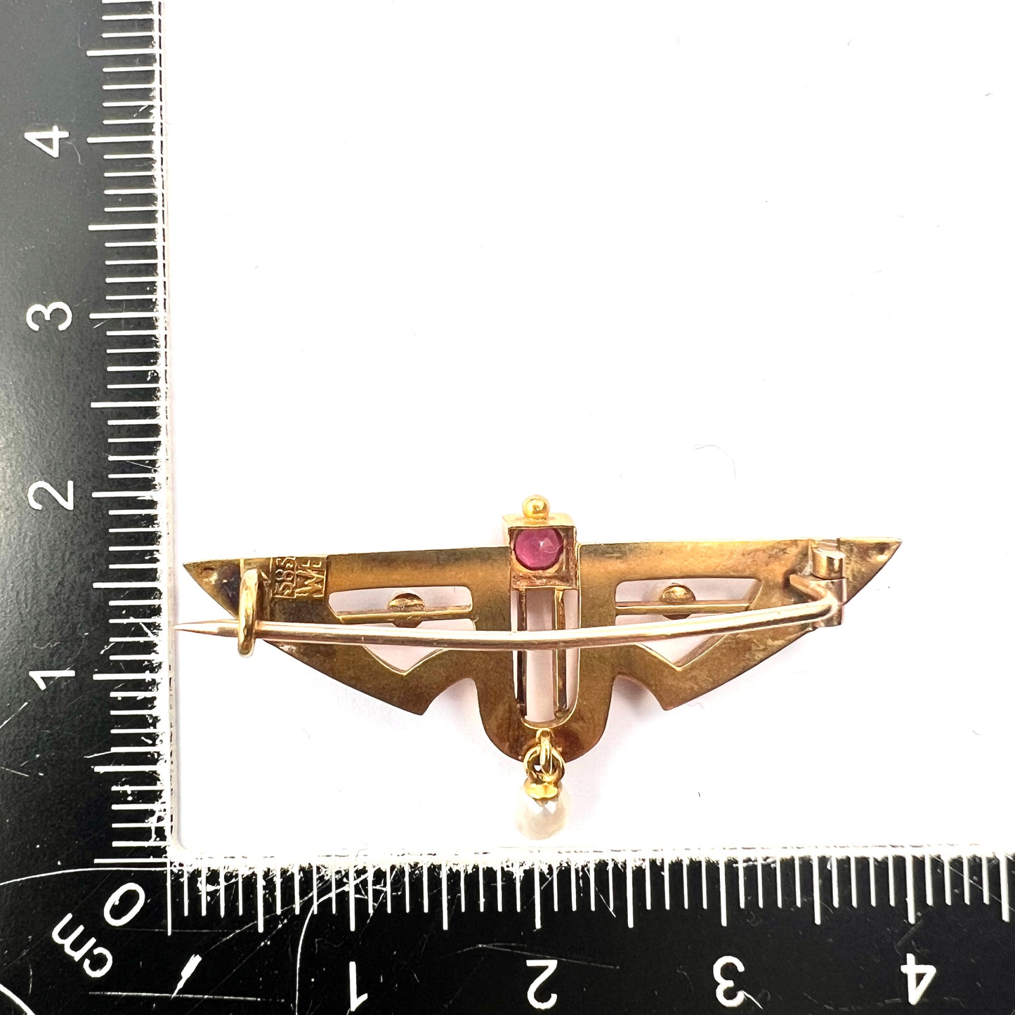 Art Nouveau Jugendstil 14CT Gold Ruby Pearl Brooch