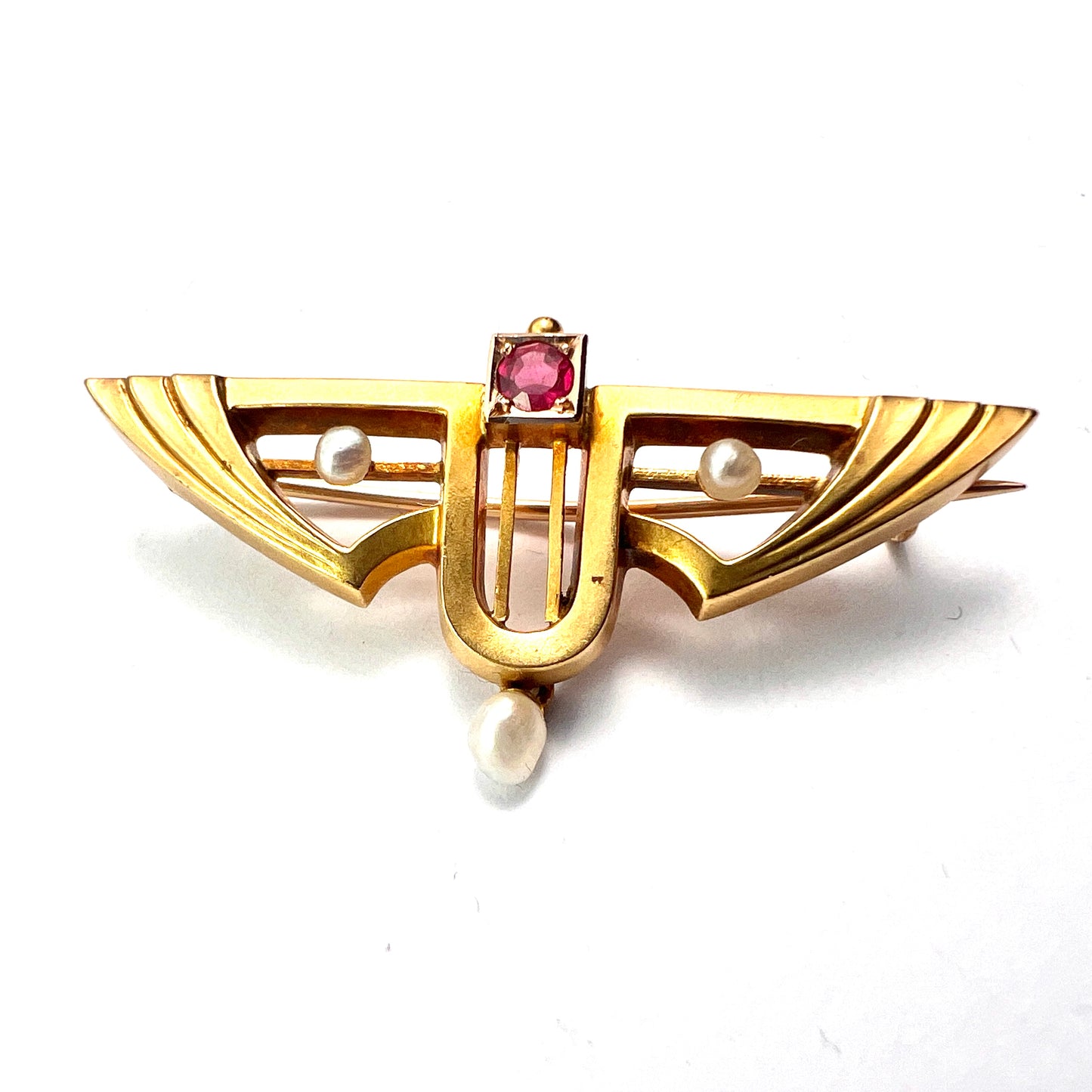 Art Nouveau Jugendstil 14CT Gold Ruby Pearl Brooch