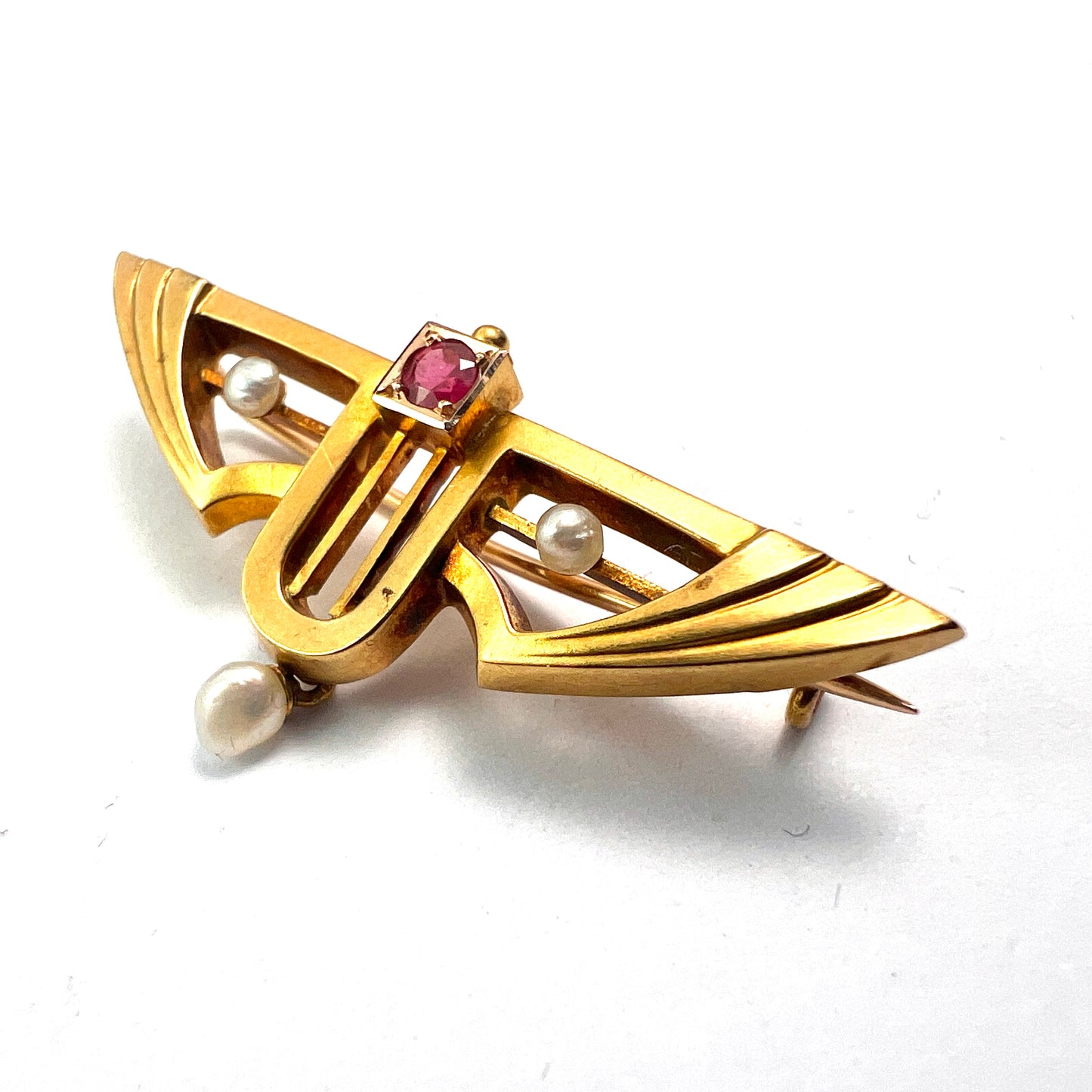 Art Nouveau Jugendstil 14CT Gold Ruby Pearl Brooch