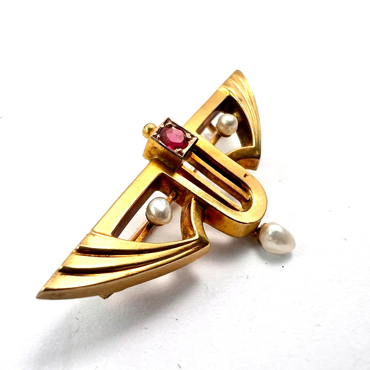Art Nouveau Jugendstil 14CT Gold Ruby Pearl Brooch