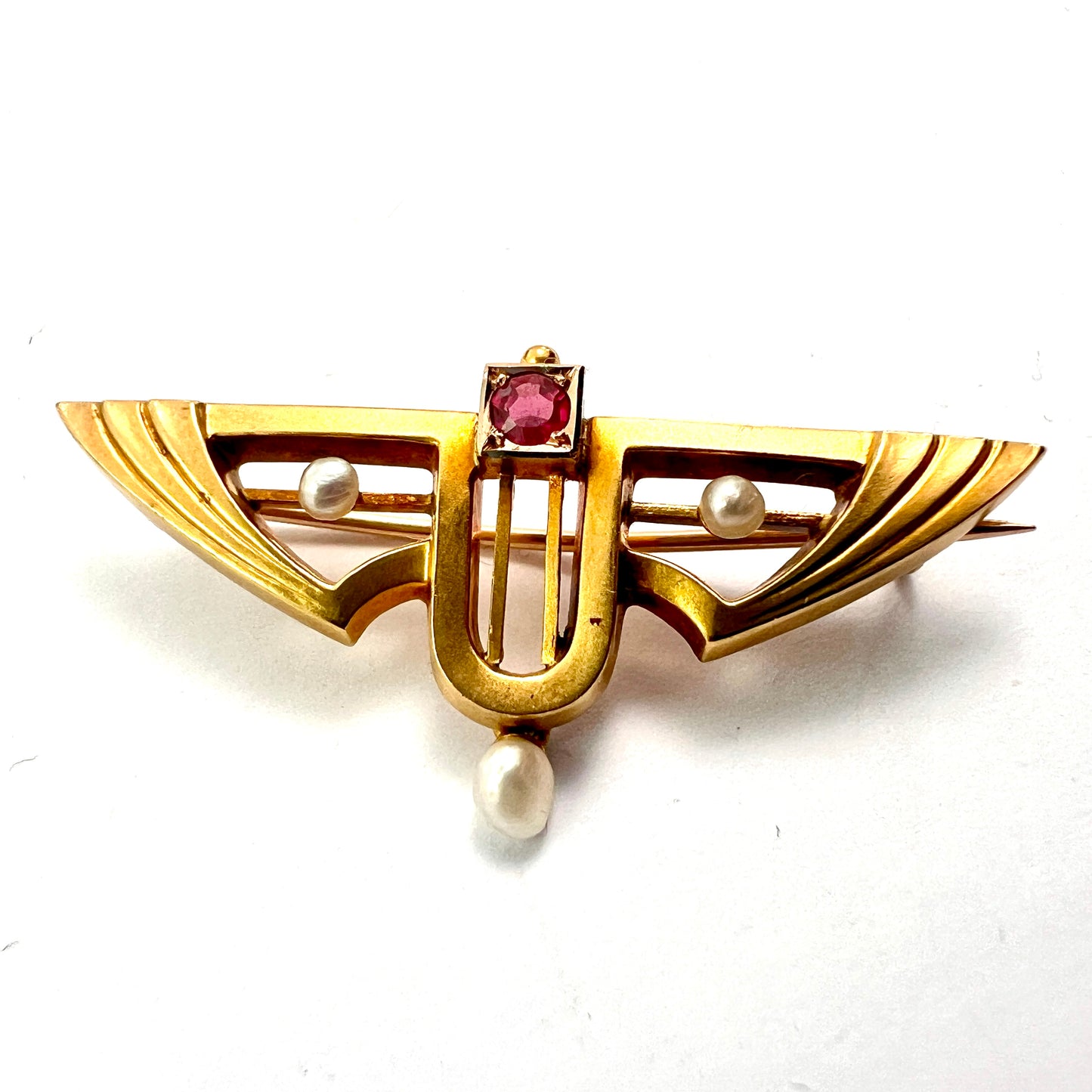 Art Nouveau Jugendstil 14CT Gold Ruby Pearl Brooch