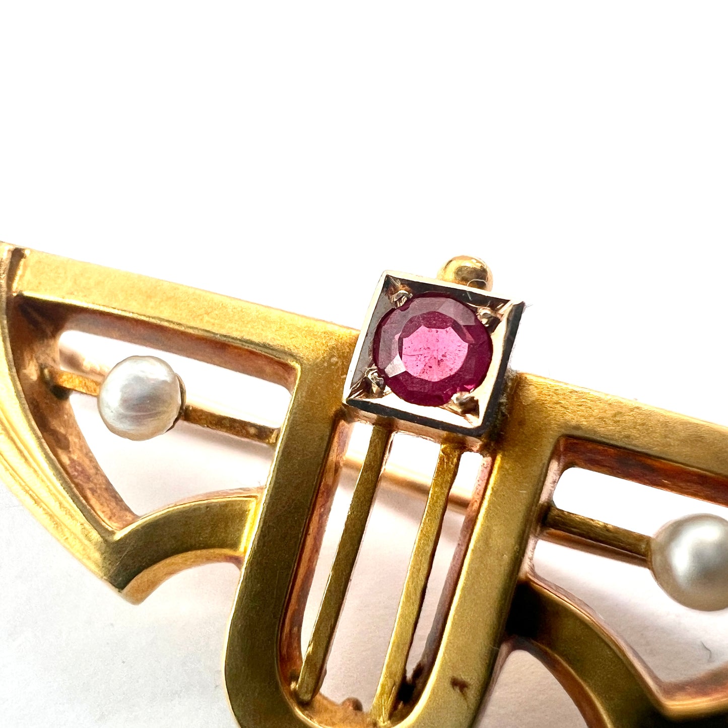 Art Nouveau Jugendstil 14CT Gold Ruby Pearl Brooch