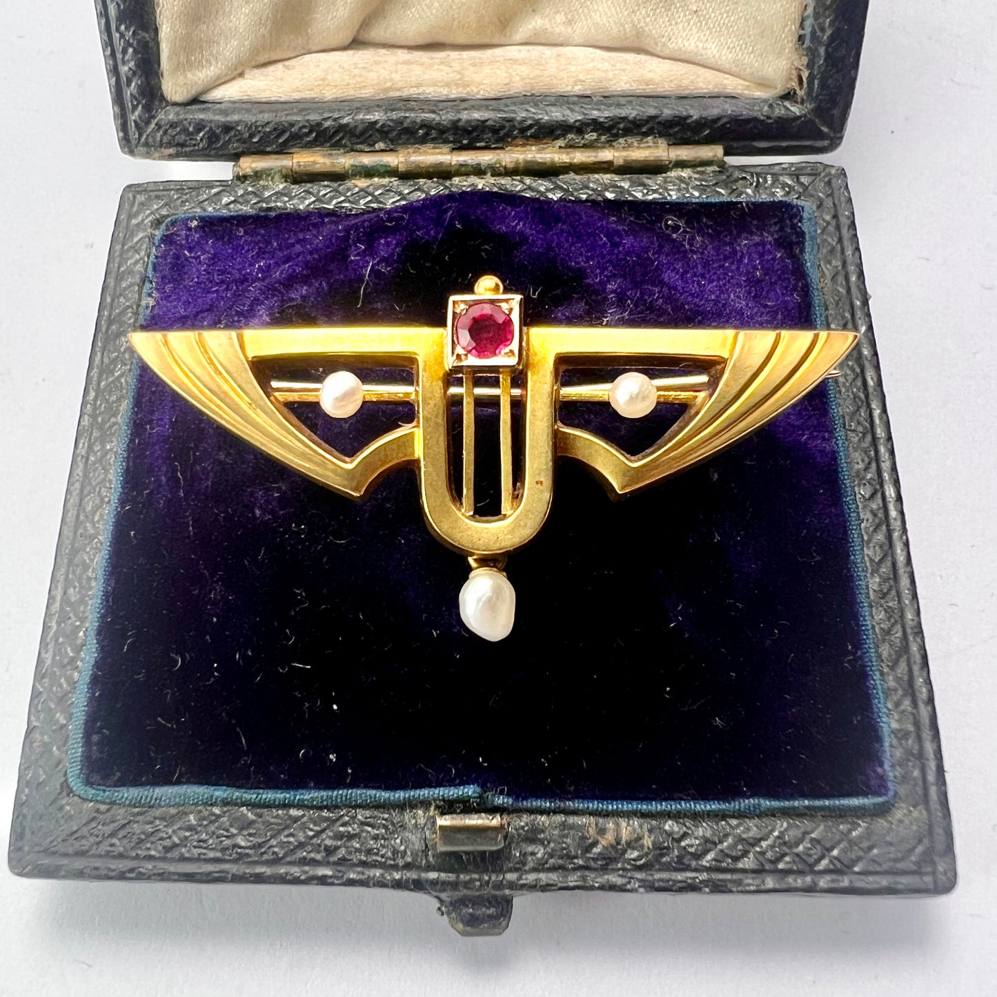 Art Nouveau Jugendstil 14CT Gold Ruby Pearl Brooch