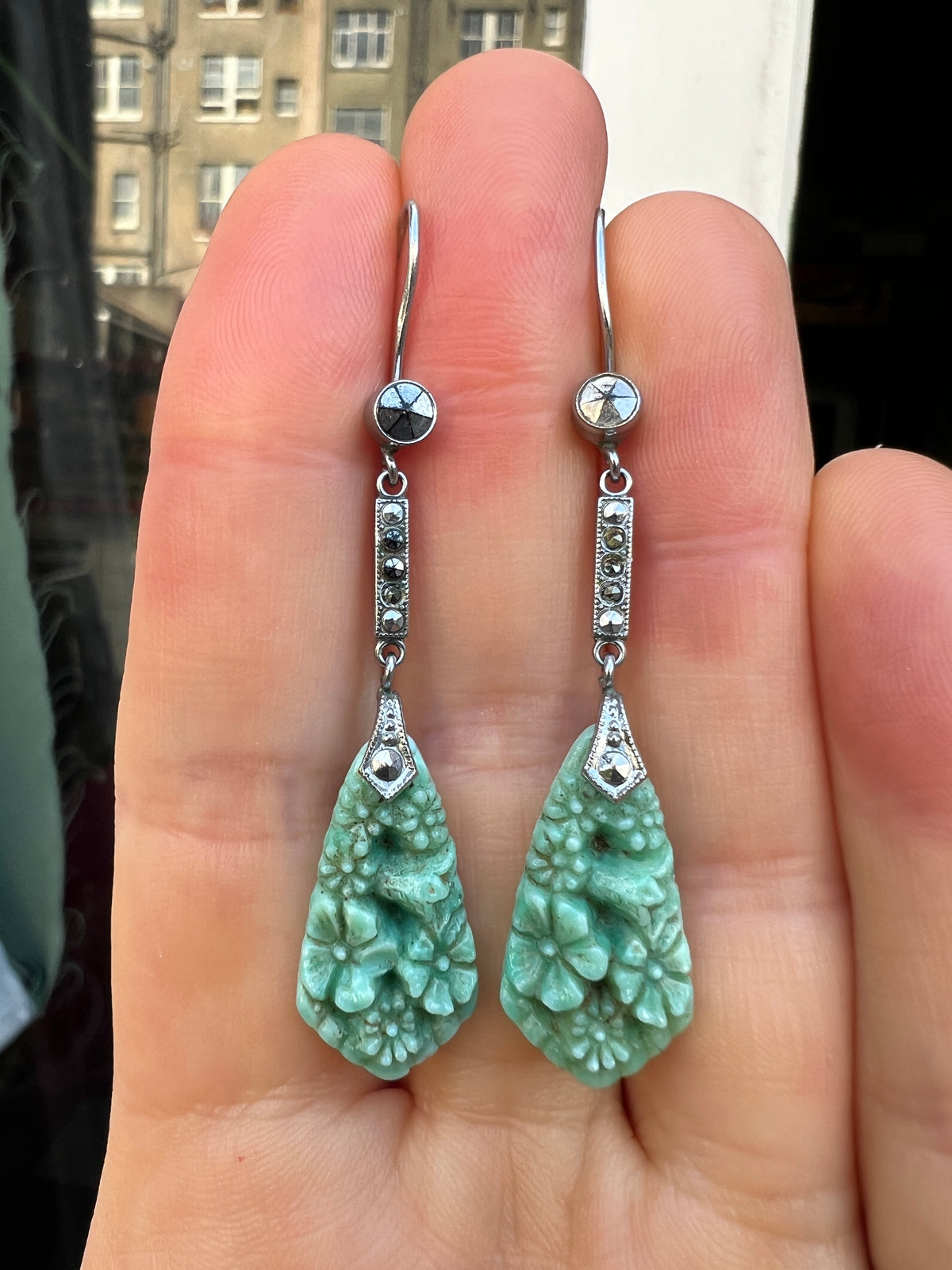 Art Deco Marcasite Jade Glass Flower Drop Earrings