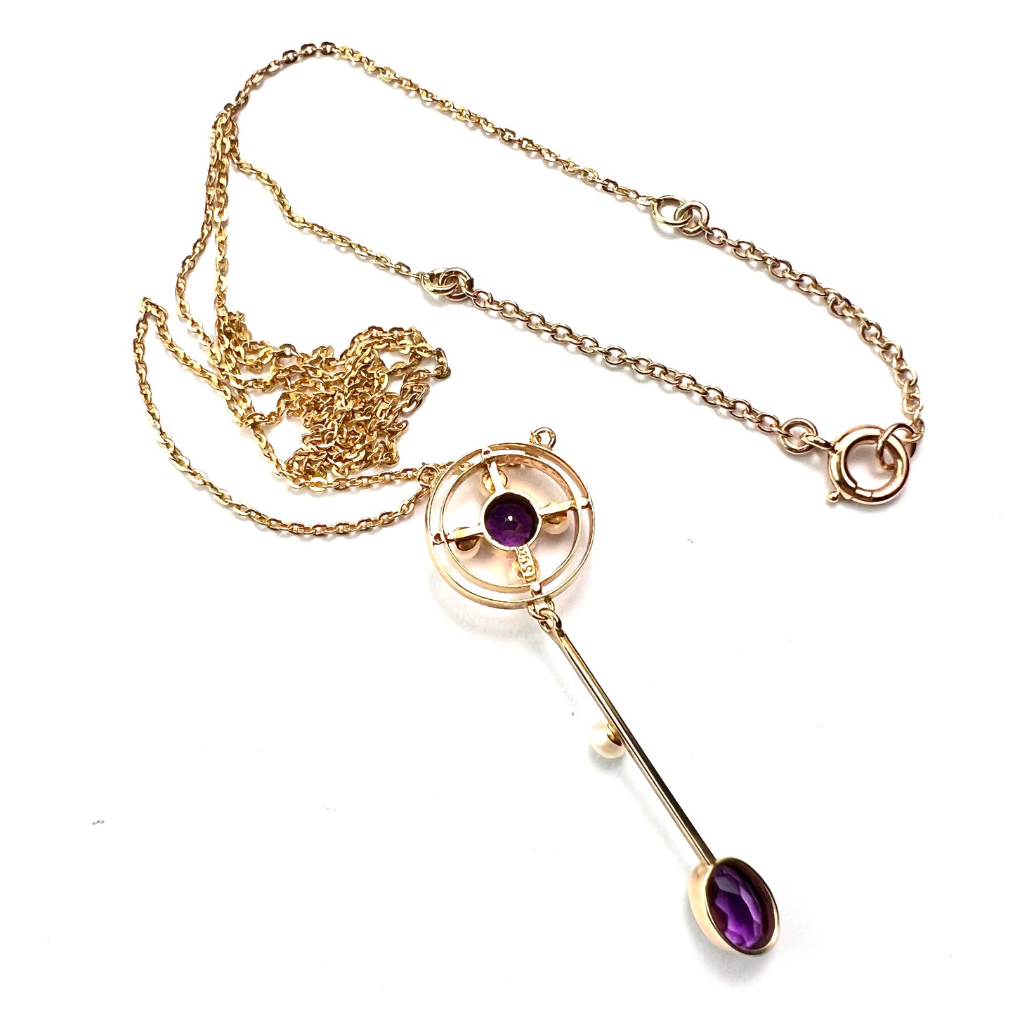 Edwardian 15CT Gold Amethyst Pearl Lavalier Pendant Necklace