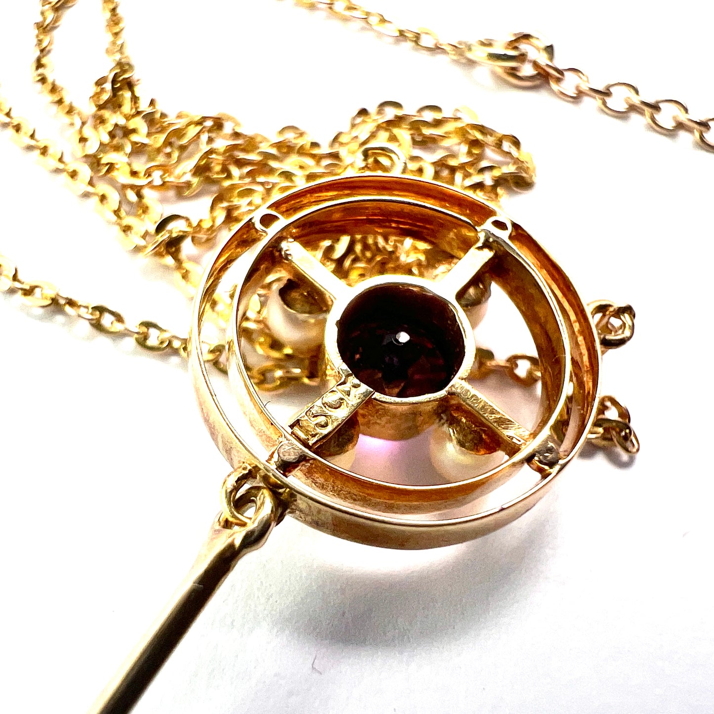 Edwardian 15CT Gold Amethyst Pearl Lavalier Pendant Necklace