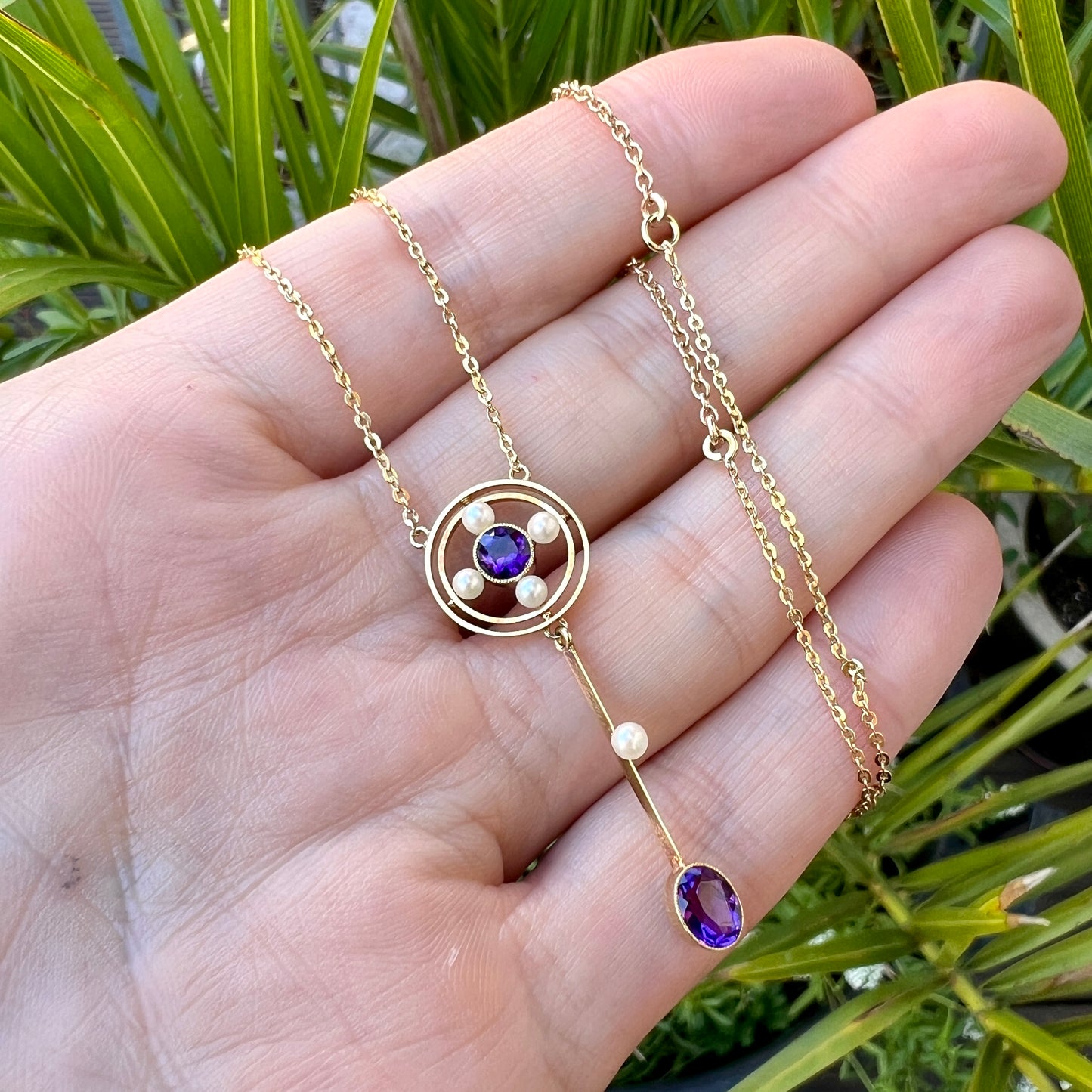 Edwardian 15CT Gold Amethyst Pearl Lavalier Pendant Necklace