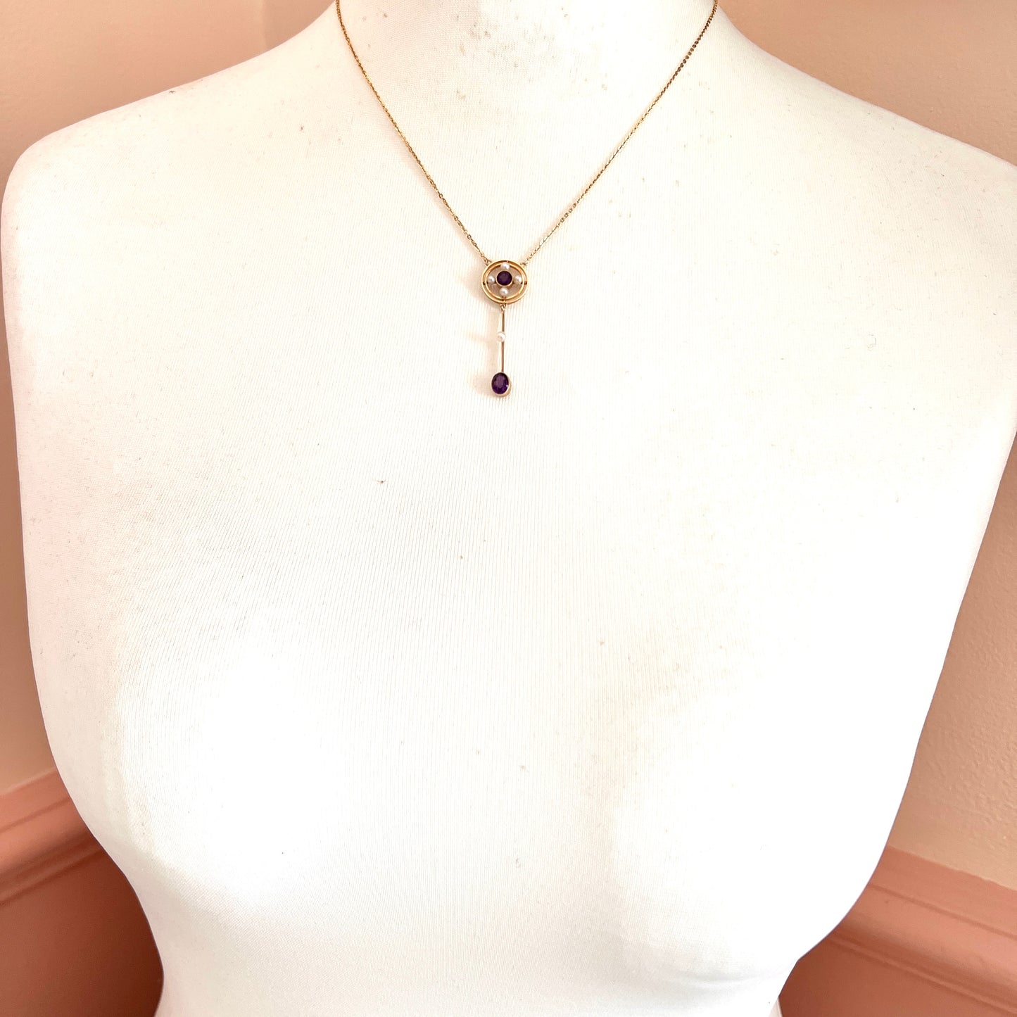 Edwardian 15CT Gold Amethyst Pearl Lavalier Pendant Necklace