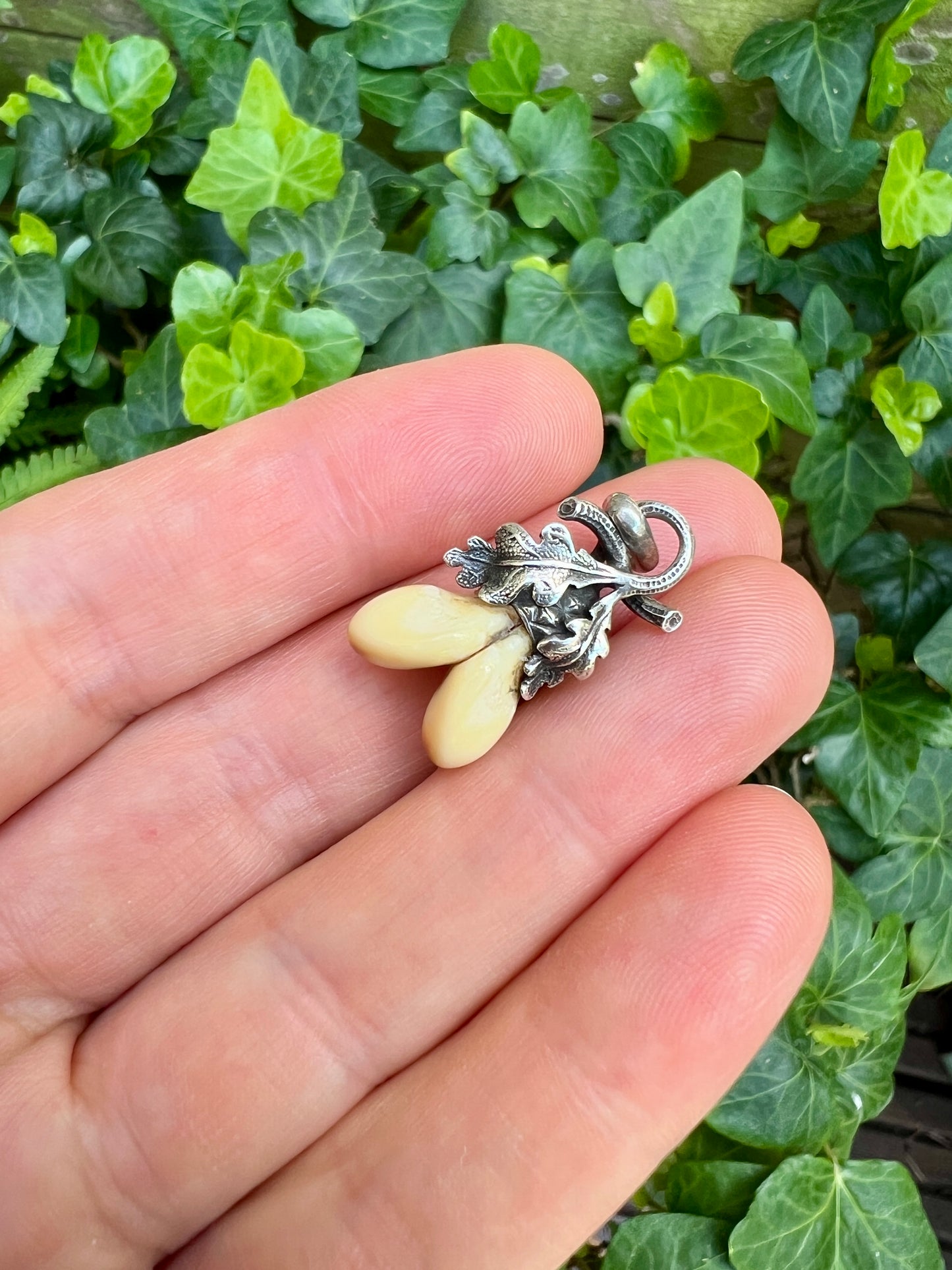 Vintage Silver German Deer Teeth Oak Leaves Pendant